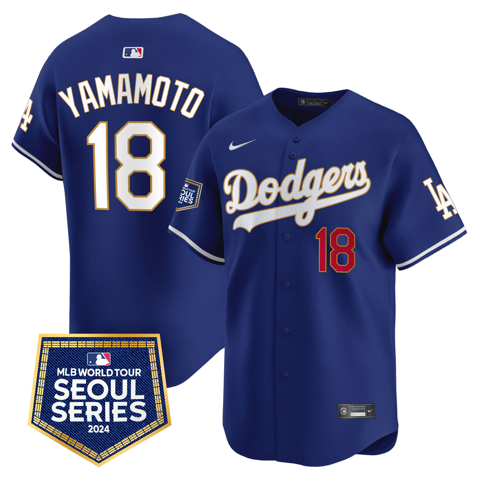 Yamamoto Men's Los Angeles Dodgers 2024 World Tour Seoul Series Patch Vapor Premier Limited Royal Jersey - All Stitched