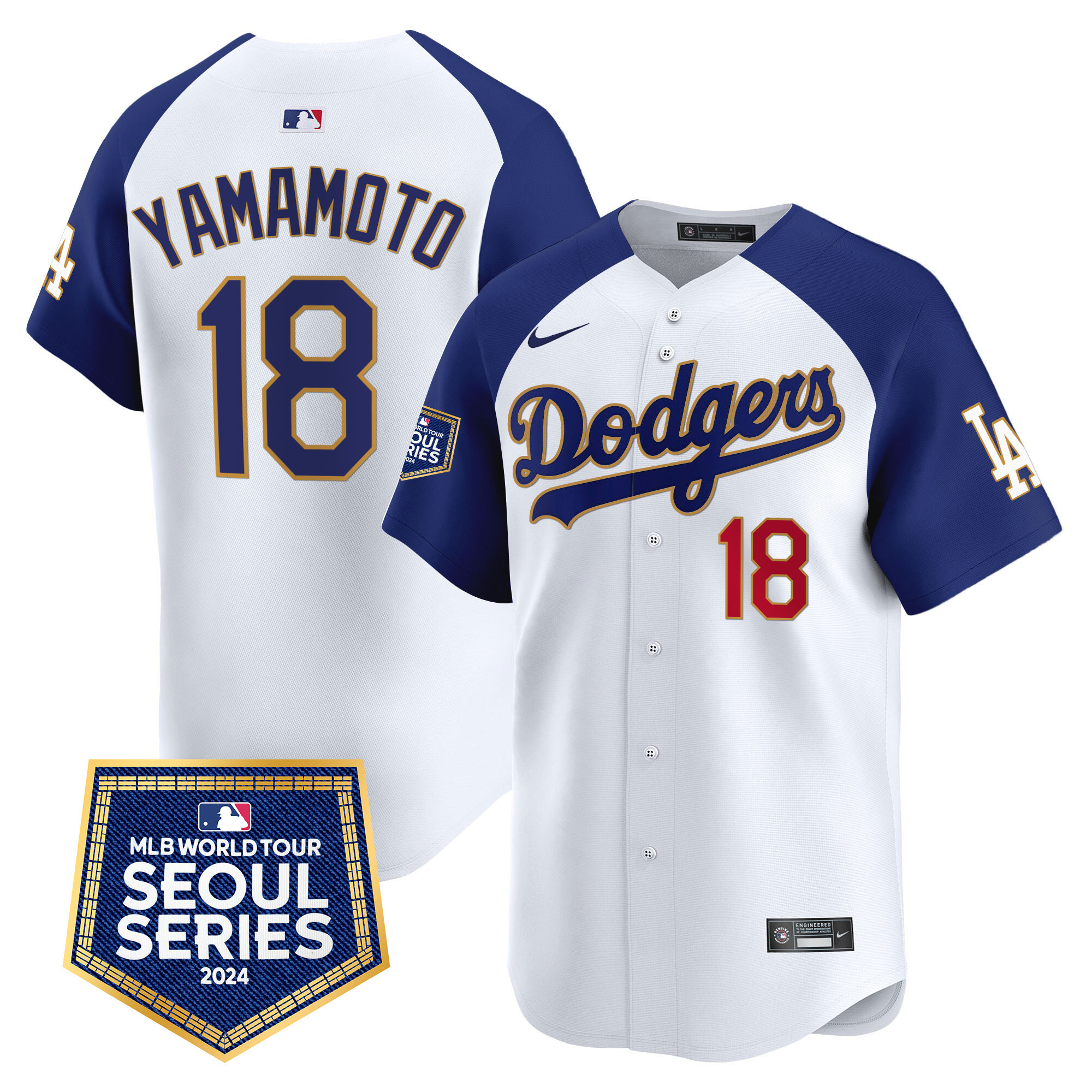 Yamamoto Men's Los Angeles Dodgers 2024 World Tour Seoul Series Patch Vapor Premier Limited White Alternate Jersey - All Stitched