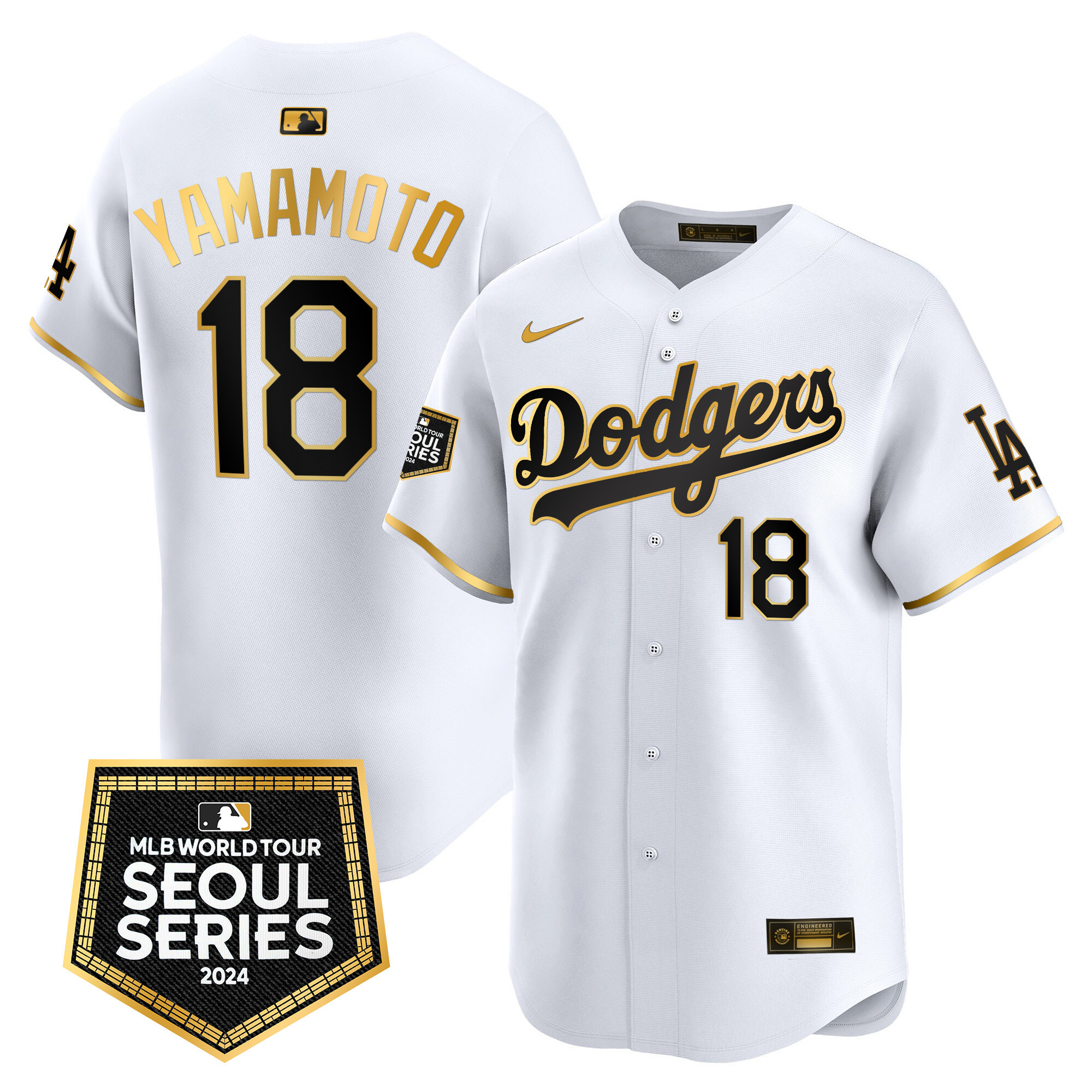 Yamamoto Men's Los Angeles Dodgers 2024 World Tour Seoul Series Patch Vapor Premier Limited White Gold Jersey - All Stitched