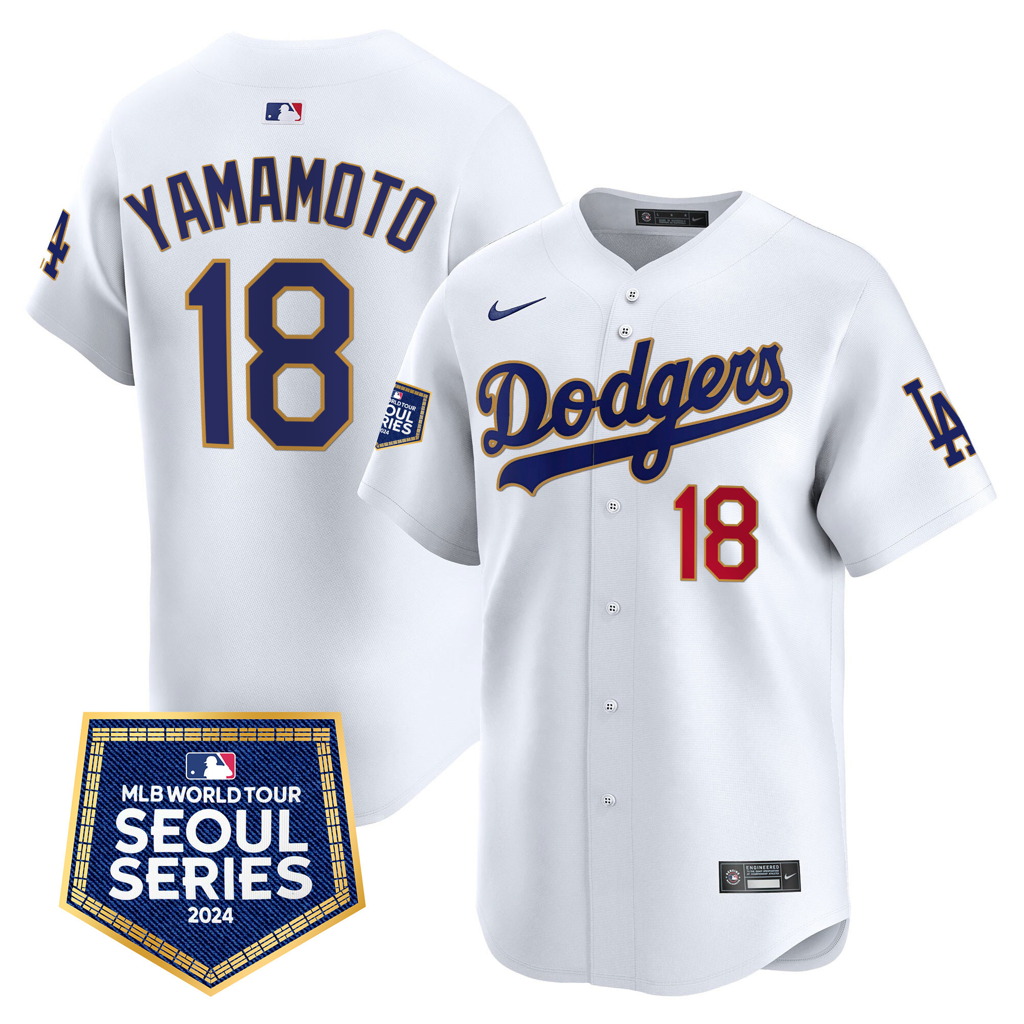 Yamamoto Men's Los Angeles Dodgers 2024 World Tour Seoul Series Patch Vapor Premier Limited White Jersey - All Stitched