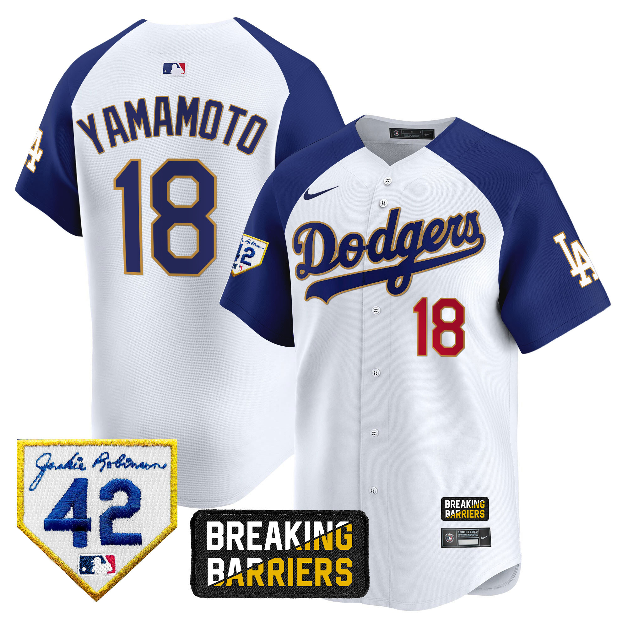 Yamamoto Men's Los Angeles Dodgers Jackie Robinson Breaking Barriers Patch Vapor Premier Limited White Alternate Jersey - All Stitched