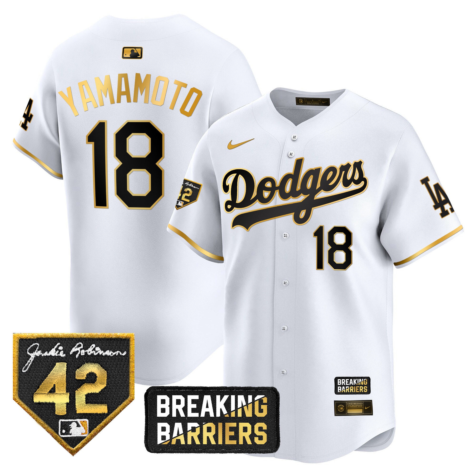 Yamamoto Men's Los Angeles Dodgers Jackie Robinson Breaking Barriers Patch Vapor Premier Limited White Gold Jersey - All Stitched
