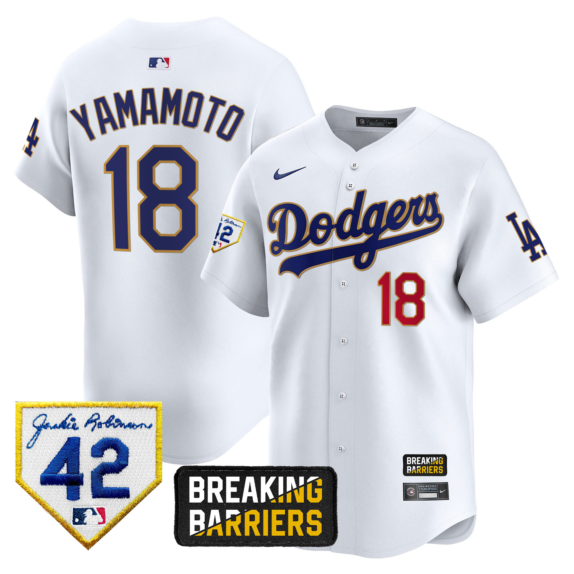 Yamamoto Men's Los Angeles Dodgers Jackie Robinson Breaking Barriers Patch Vapor Premier Limited White Jersey - All Stitched