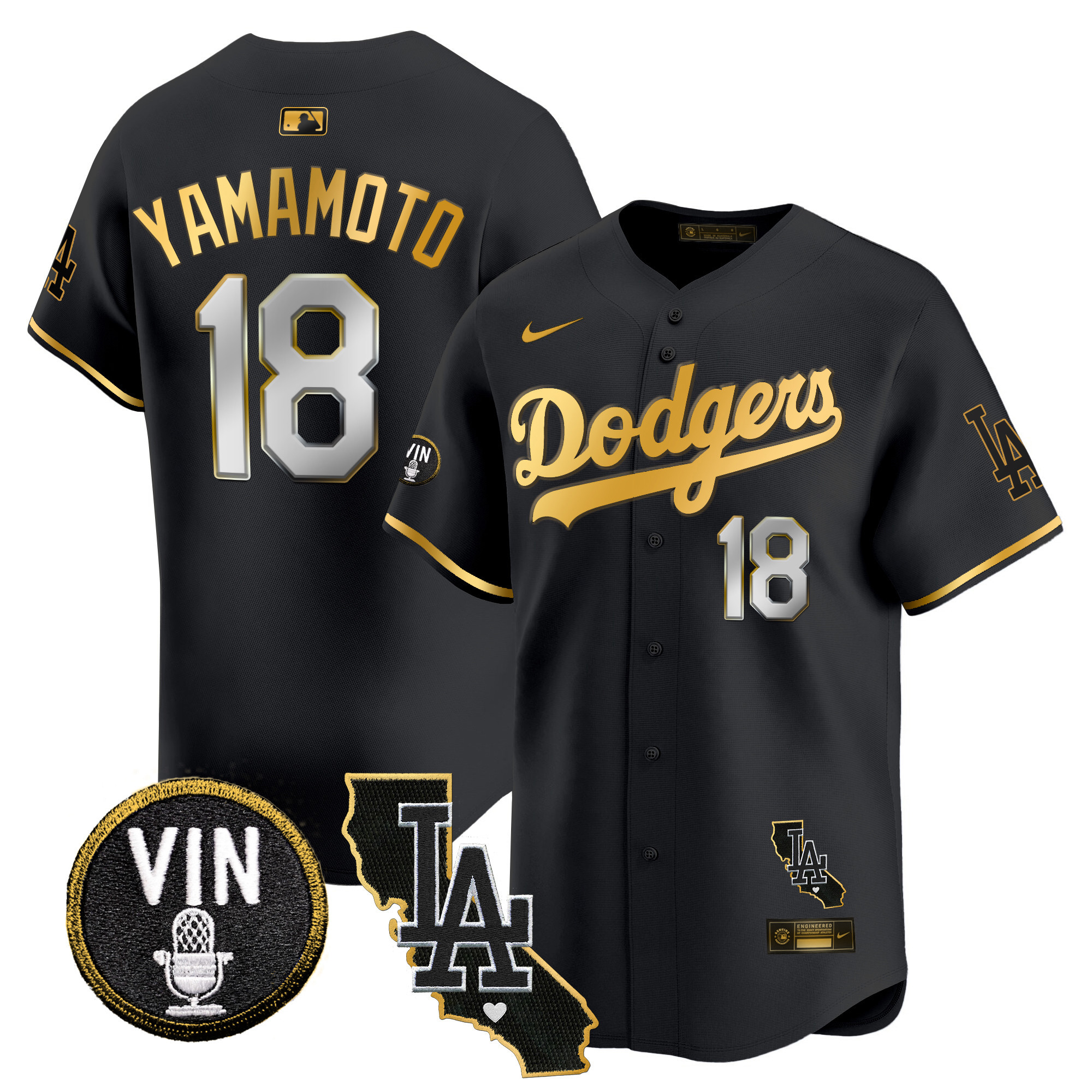 Yamamoto Men's Los Angeles Dodgers Vin & California Patch Gold Trim Vapor Premier Limited Black Gold Jersey - All Stitched
