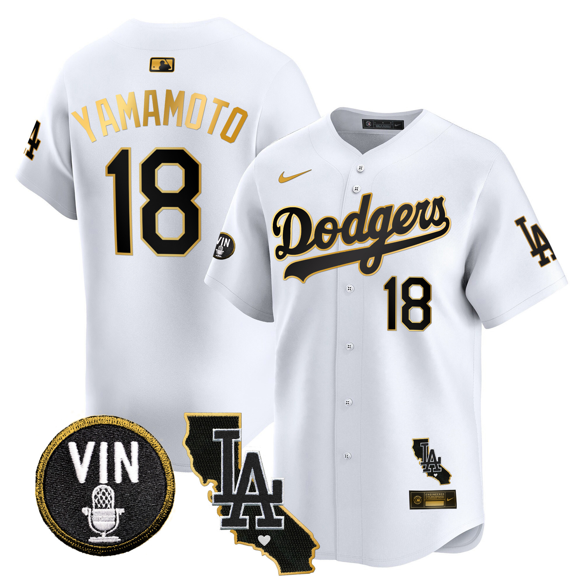 Yamamoto Men's Los Angeles Dodgers Vin & California Patch Gold Trim Vapor Premier Limited White Gold Jersey - All Stitched