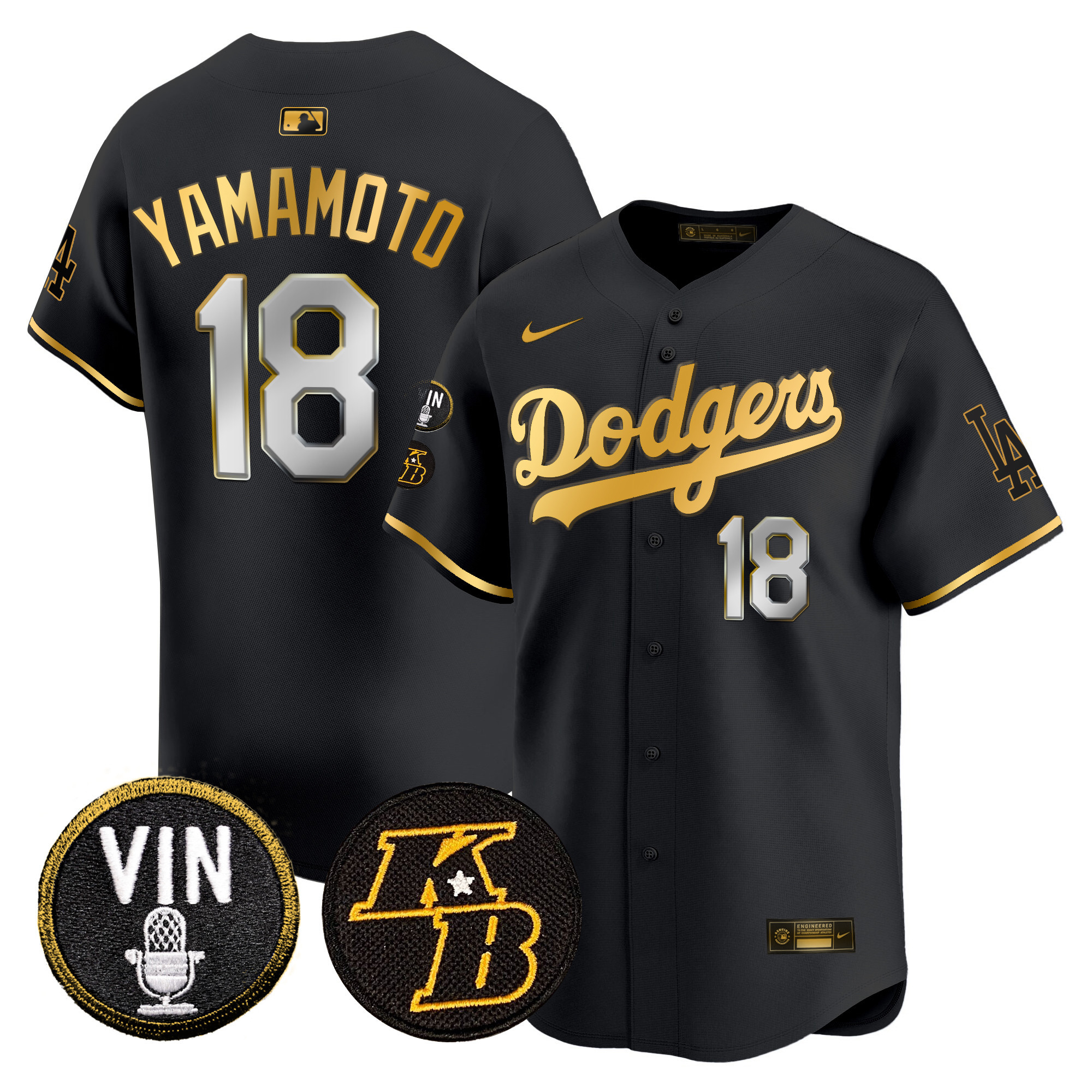 Yamamoto Men's Los Angeles Dodgers Vin & Kobe Patch Gold Trim Vapor Premier Limited Black Gold Jersey - All Stitched