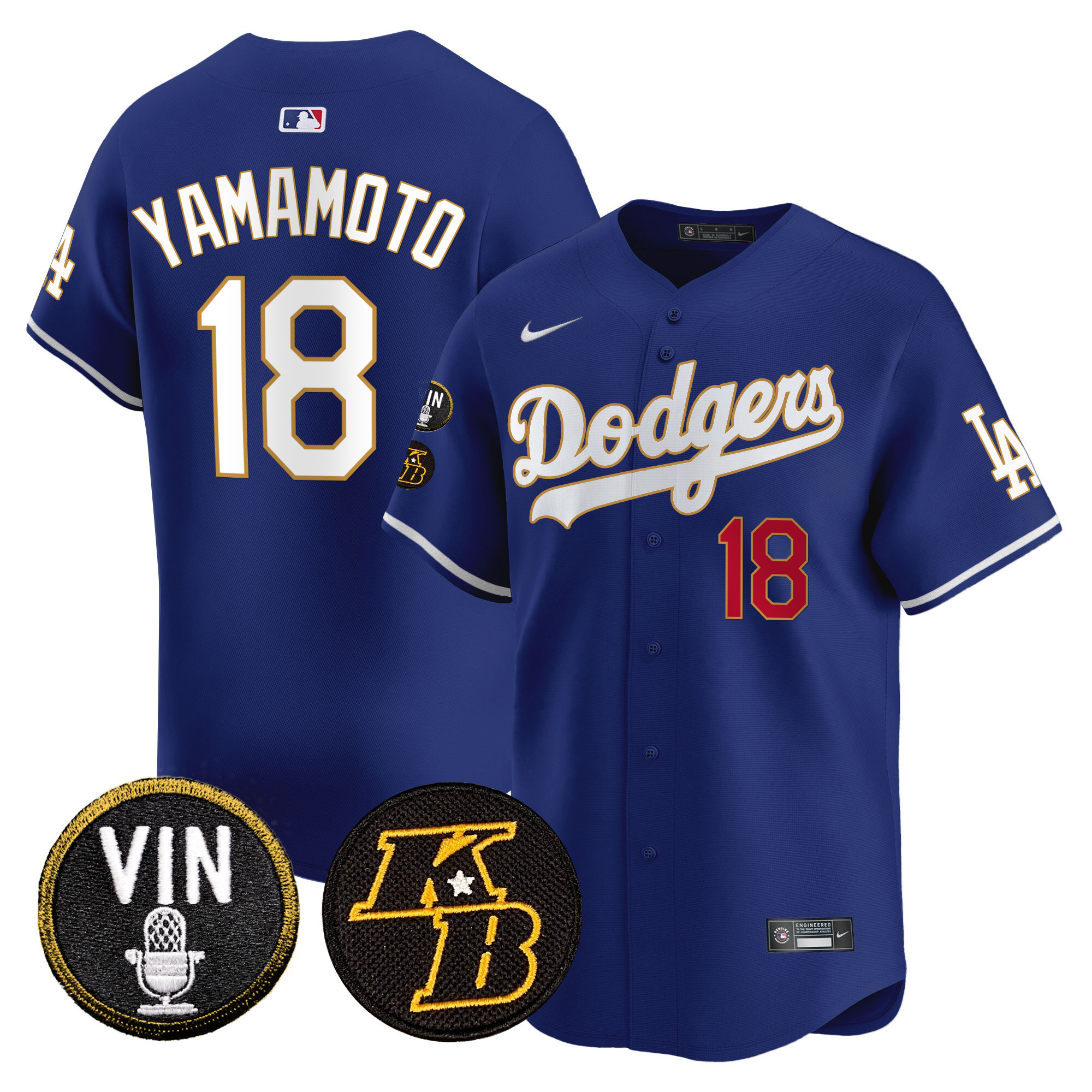 Yamamoto Men's Los Angeles Dodgers Vin & Kobe Patch Gold Trim Vapor Premier Limited Royal Jersey - All Stitched