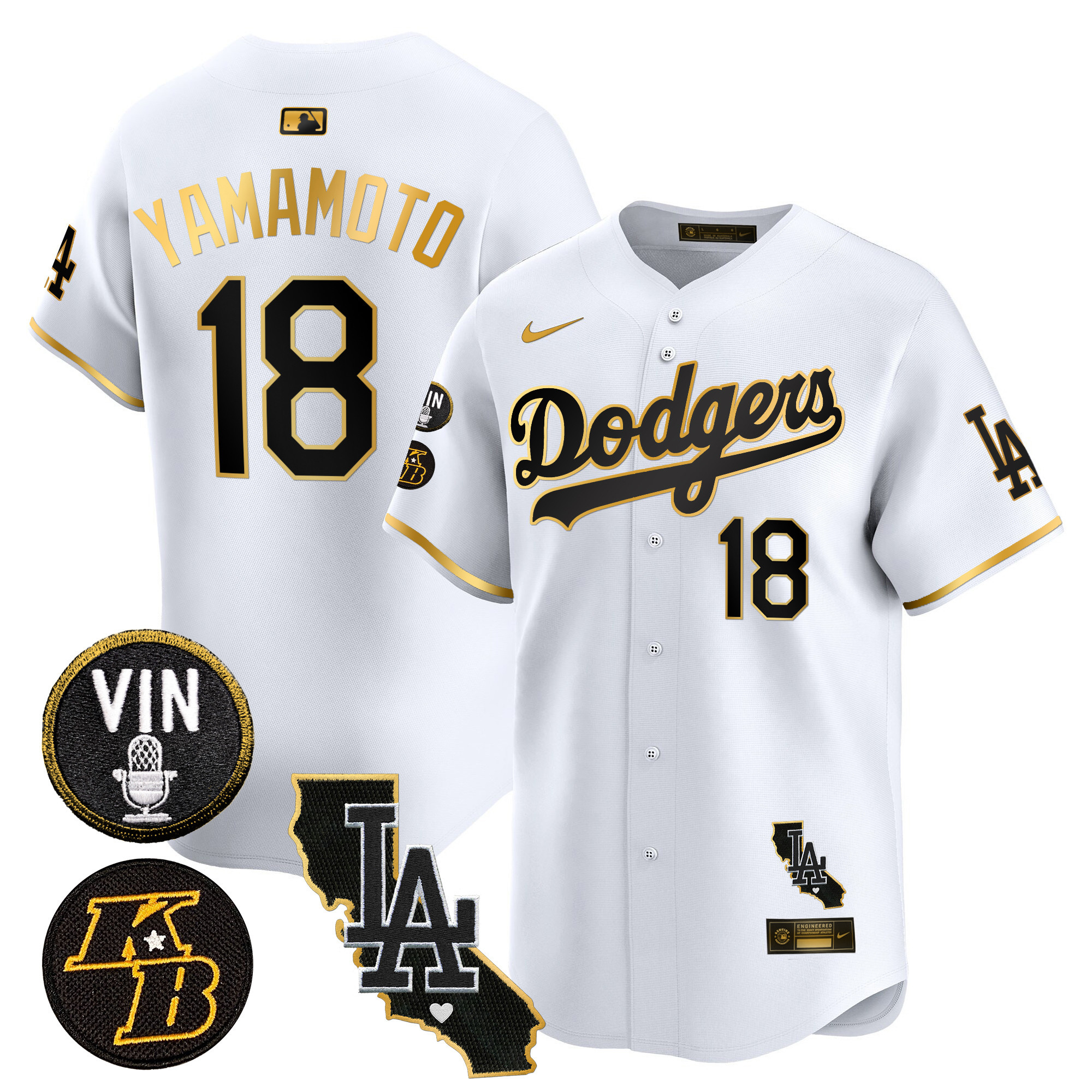 Yamamoto Men's Los Angeles Dodgers Vin & Kobe Patch Gold Trim Vapor Premier Limited V2 White Gold Jersey - All Stitched