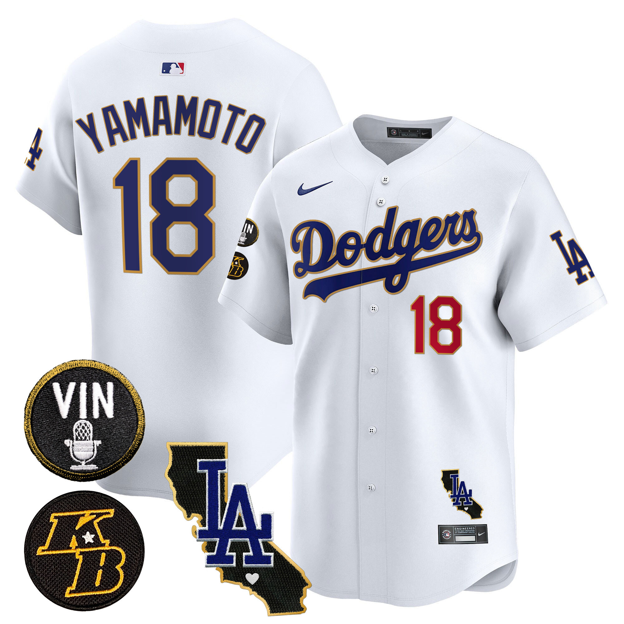 Yamamoto Men's Los Angeles Dodgers Vin & Kobe Patch Gold Trim Vapor Premier Limited V2 White Jersey - All Stitched
