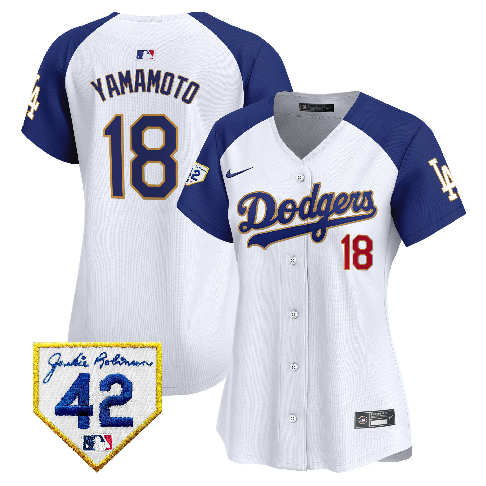 Yamamoto Women's Los Angeles Dodgers 2024 Jackie Robinson Patch Vapor Premier Limited White Alternate Jersey - All Stitched
