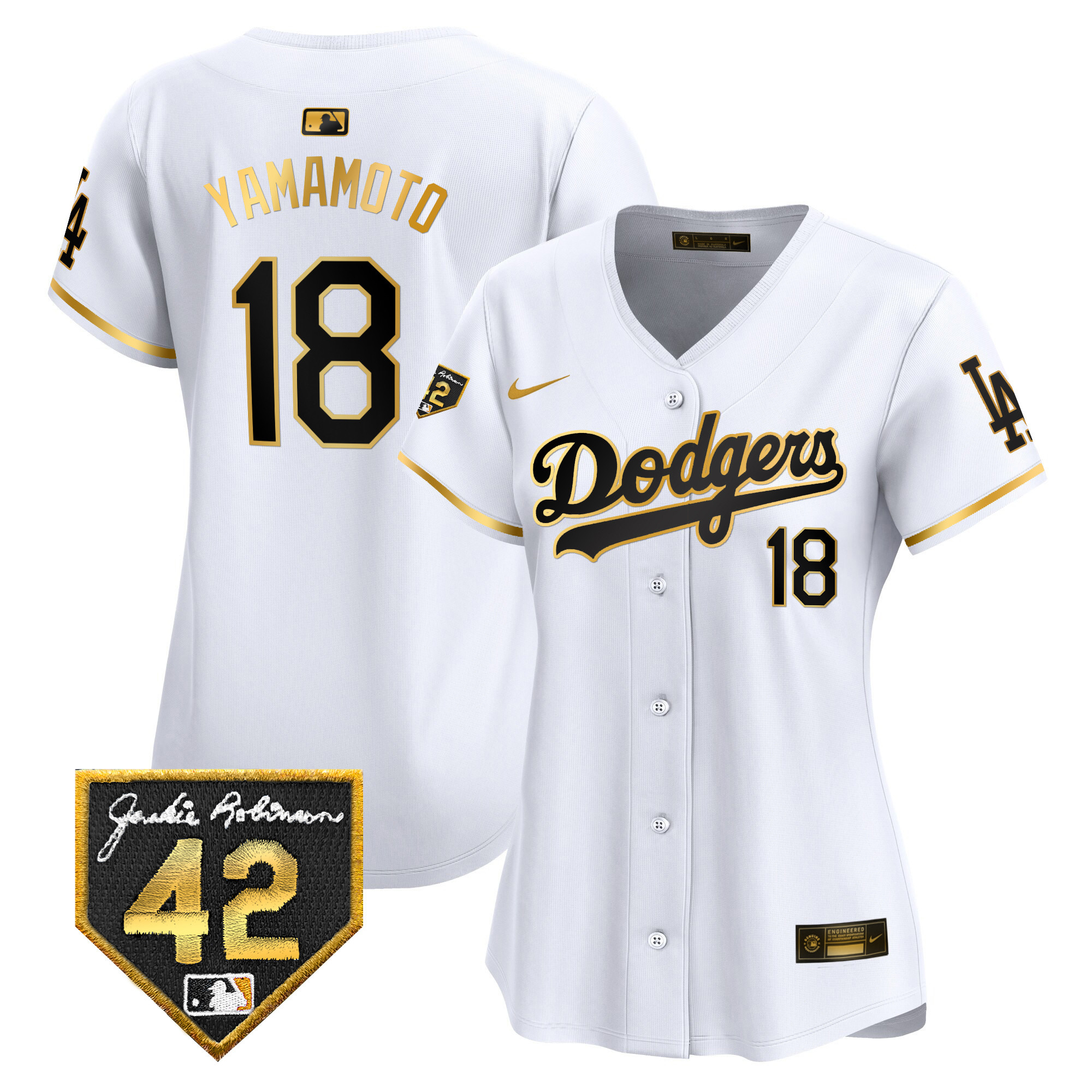 Yamamoto Women's Los Angeles Dodgers 2024 Jackie Robinson Patch Vapor Premier Limited White Gold Jersey - All Stitched