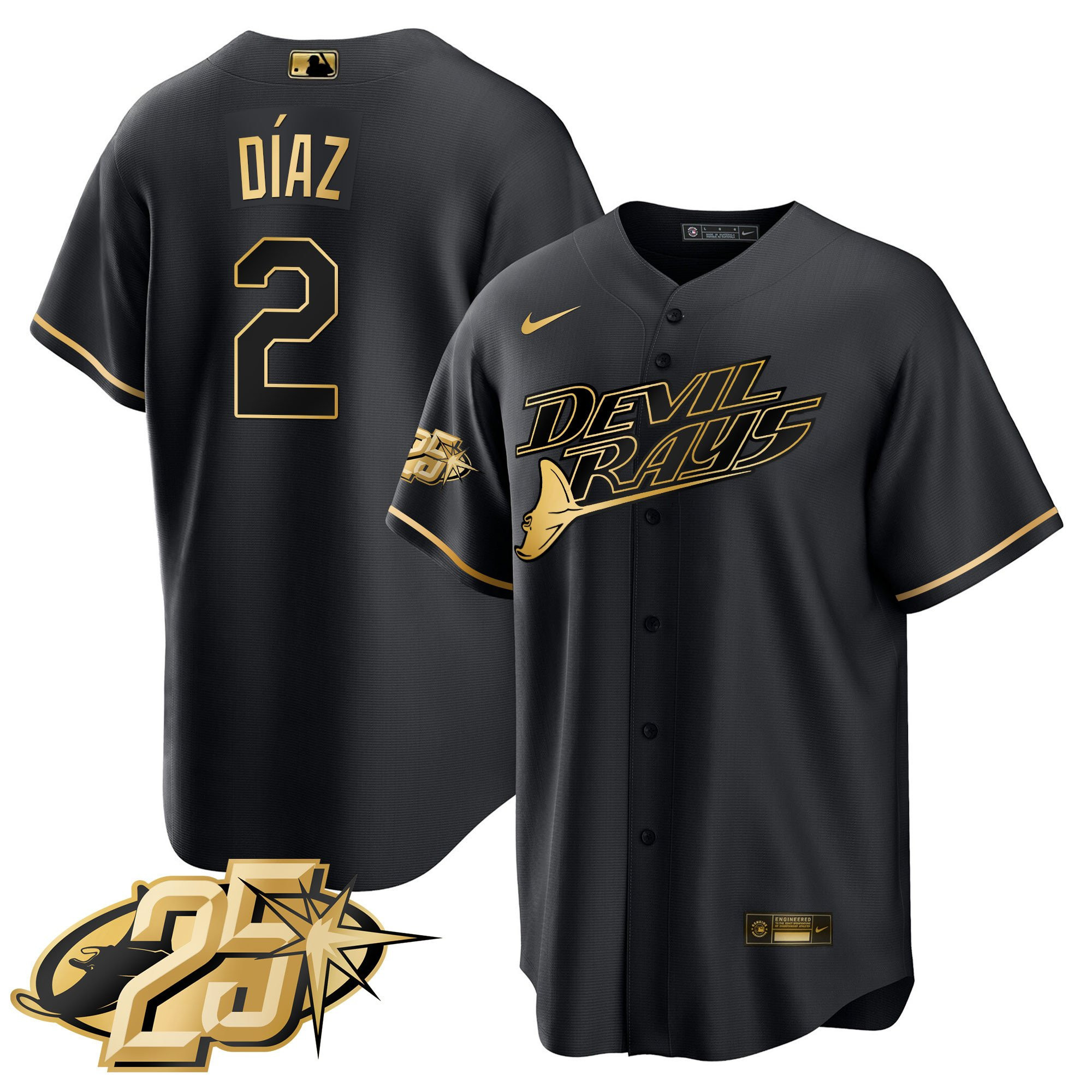 Yandy Diaz Men's Tampa Bay Rays 25th Anniversary Patch Cool Base Black Gold Jersey - All Stitched