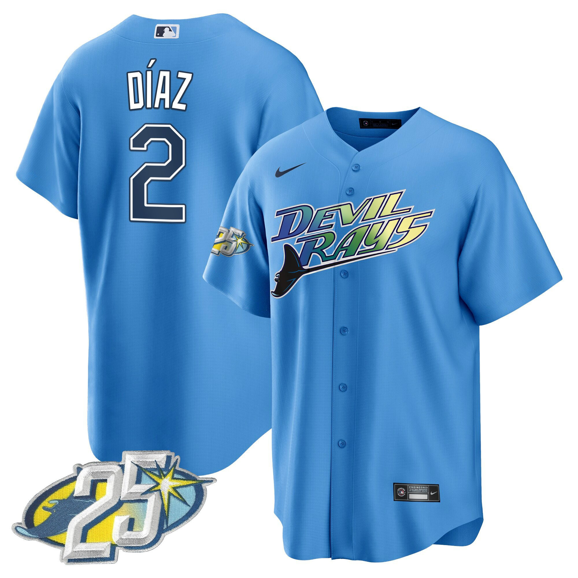 Yandy Diaz Men's Tampa Bay Rays 25th Anniversary Patch Cool Base Light Blue Jersey - All Stitched - Image 1