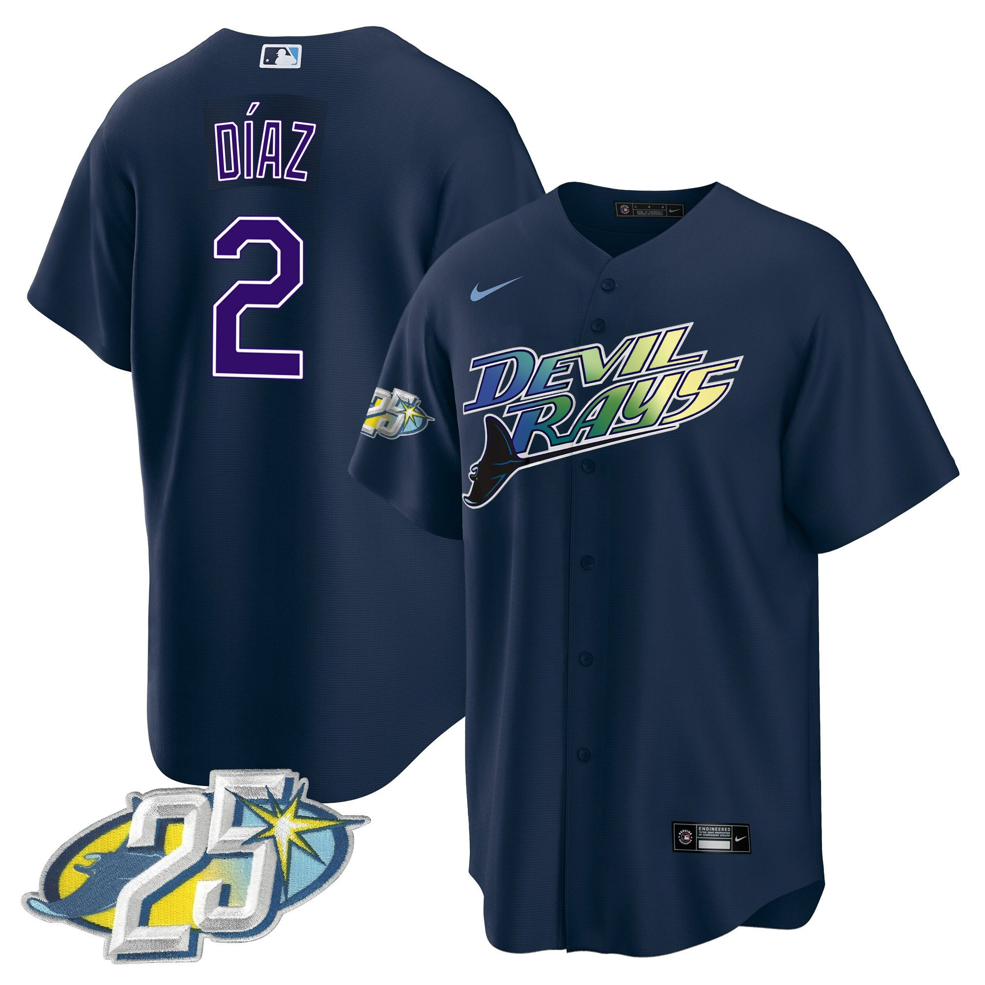 Yandy Diaz Men's Tampa Bay Rays 25th Anniversary Patch Cool Base Navy Jersey - All Stitched - Image 1