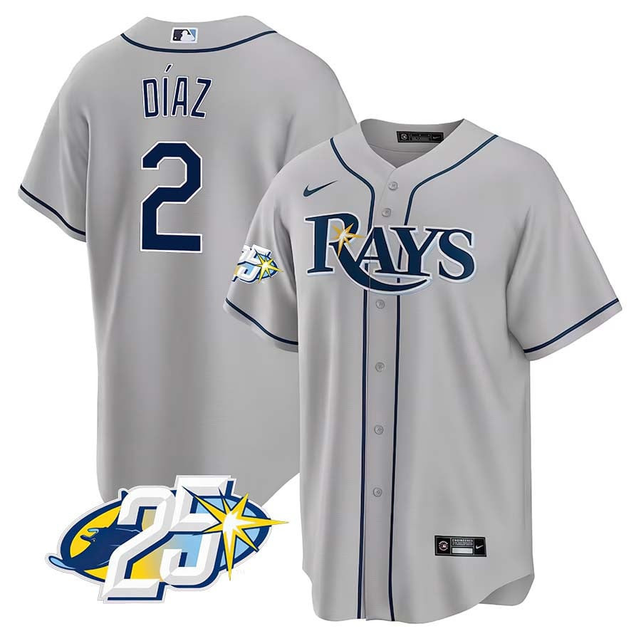 Yandy Diaz Men's Tampa Bay Rays 25th Anniversary Patch Cool Base V2 Gray Jersey - All Stitched