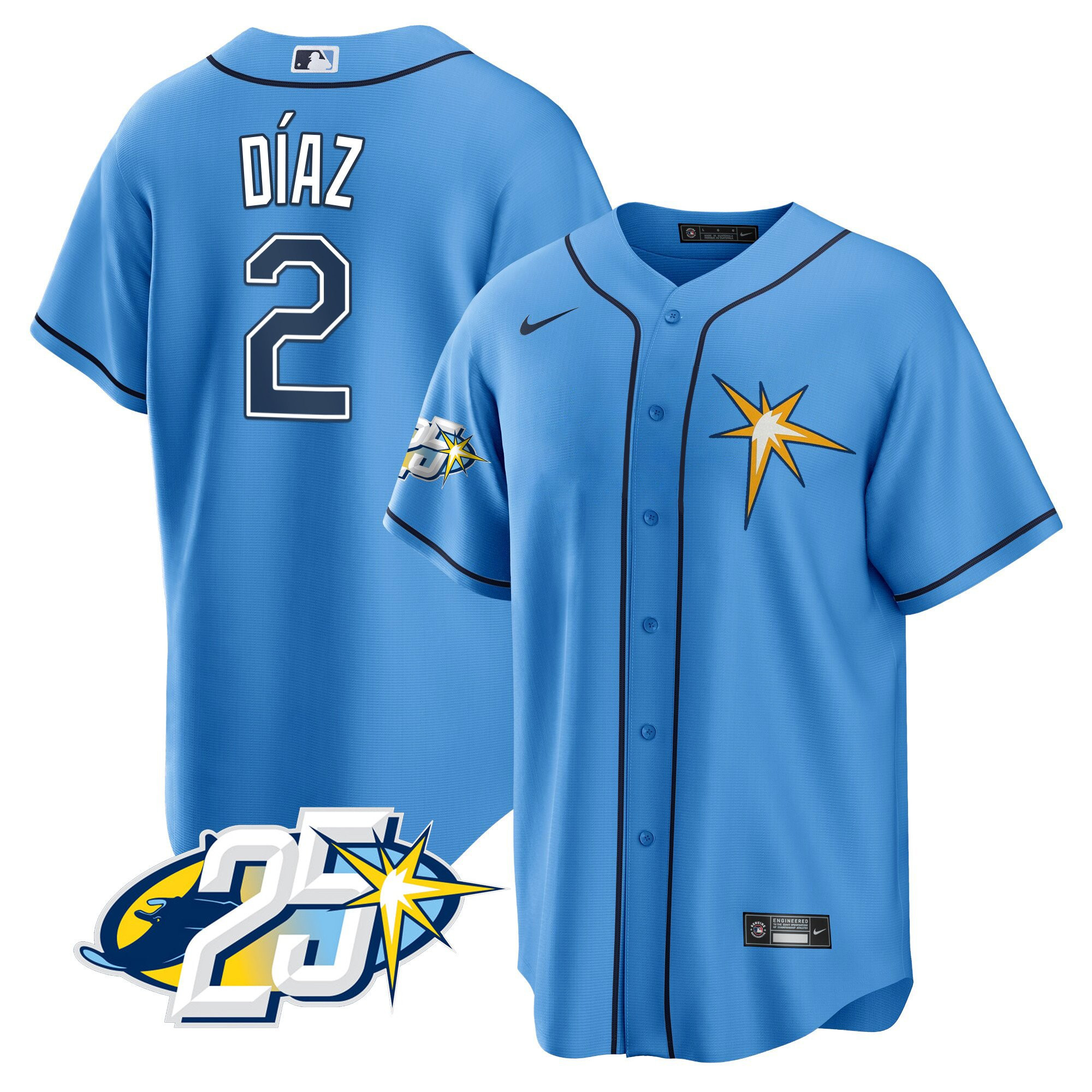 Yandy Diaz Men's Tampa Bay Rays 25th Anniversary Patch Cool Base V2 Light Blue Jersey - All Stitched