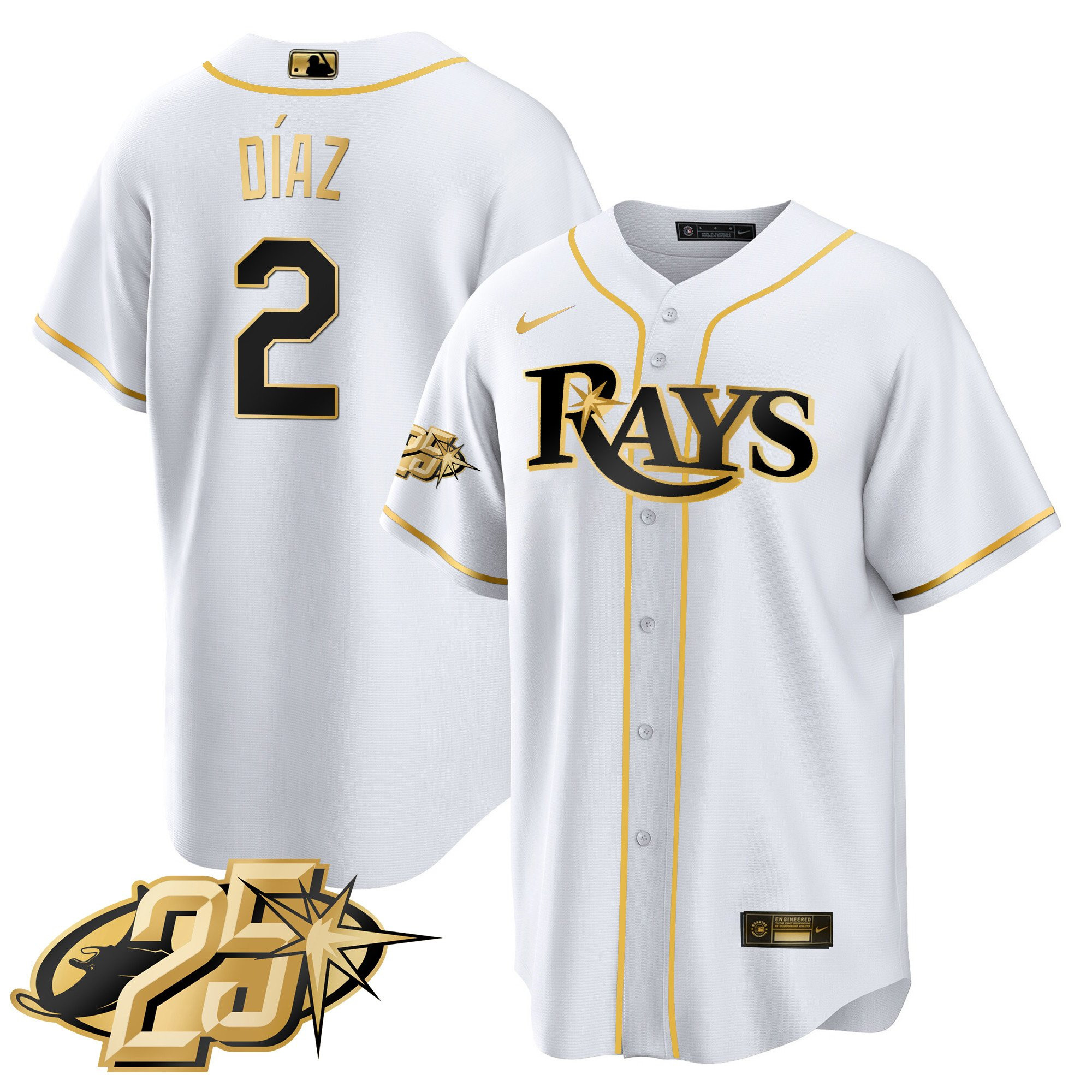 Yandy Diaz Men's Tampa Bay Rays 25th Anniversary Patch Cool Base V2 White Gold Jersey - All Stitched