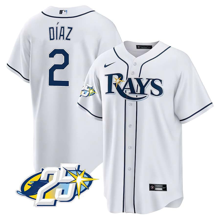 Yandy Diaz Men's Tampa Bay Rays 25th Anniversary Patch Cool Base V2 White Jersey - All Stitched
