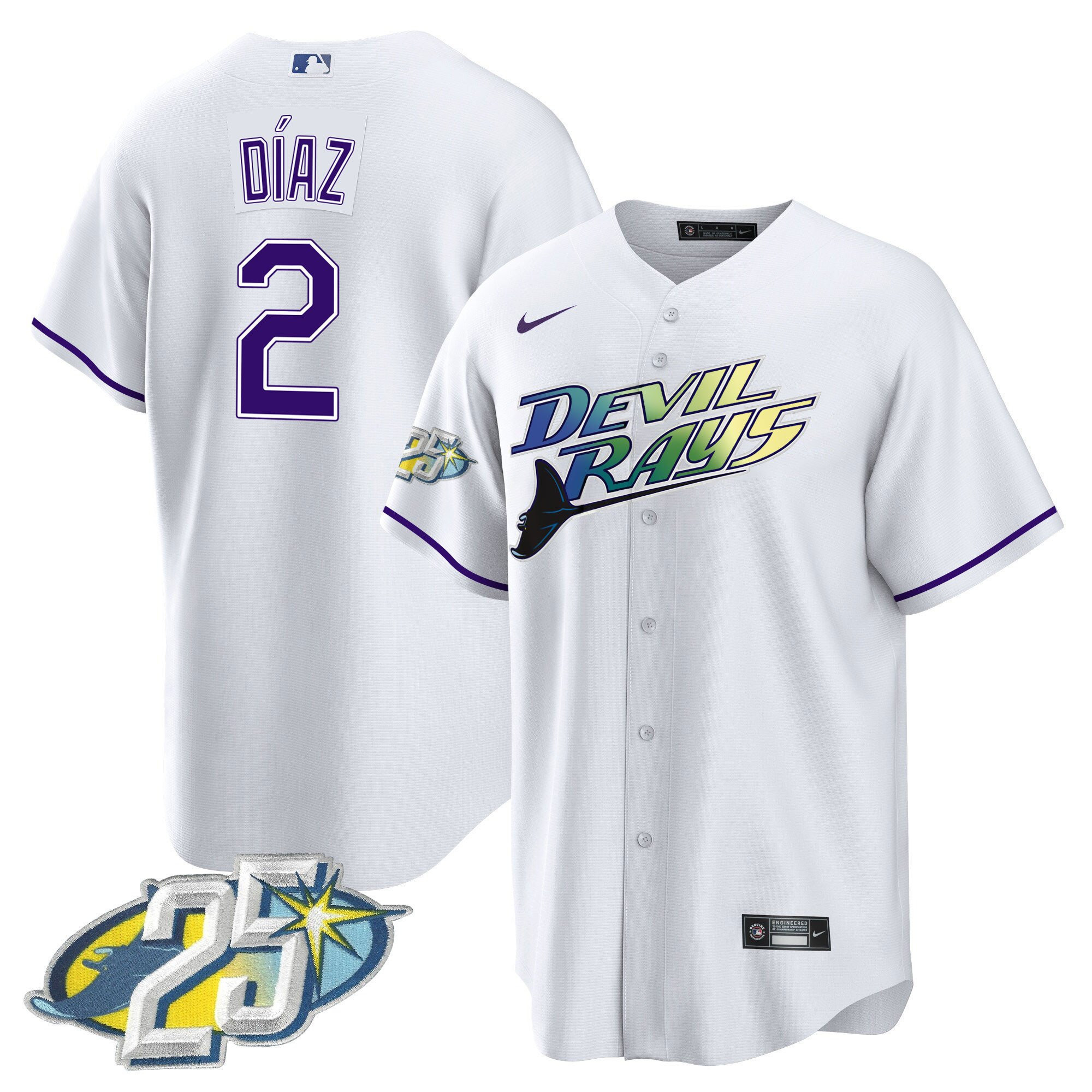 Yandy Diaz Men's Tampa Bay Rays 25th Anniversary Patch Cool Base White Jersey - All Stitched