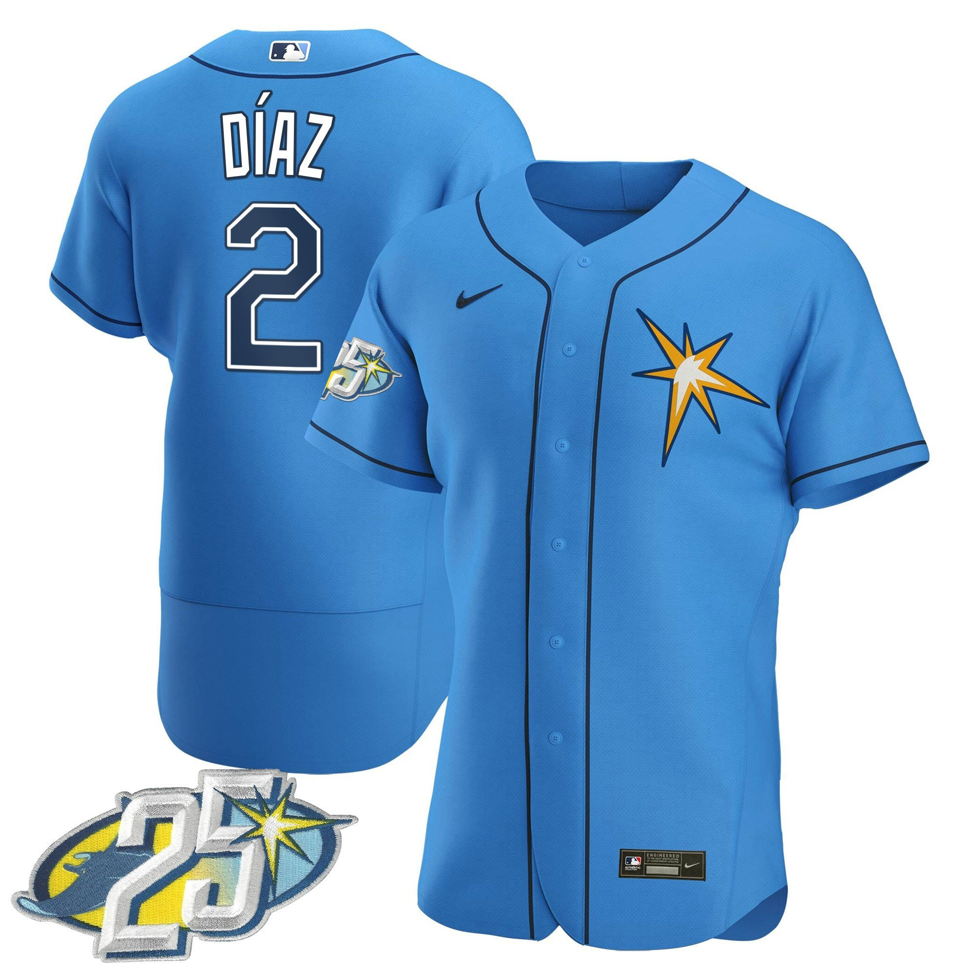 Yandy Diaz Men's Tampa Bay Rays 25th Anniversary Patch Flex Base Light Blue Jersey - All Stitched
