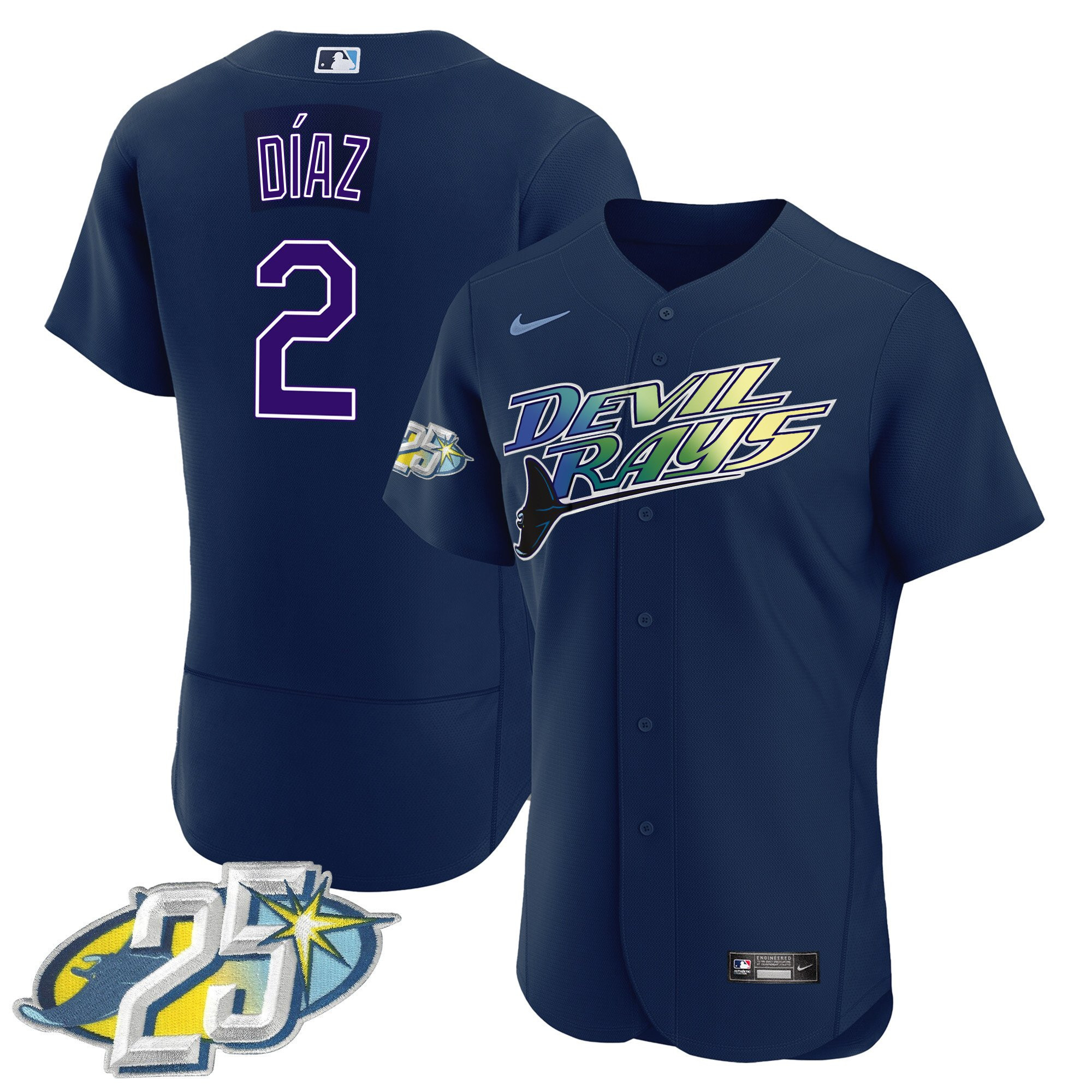 Yandy Diaz Men's Tampa Bay Rays 25th Anniversary Patch Flex Base Navy Jersey - All Stitched