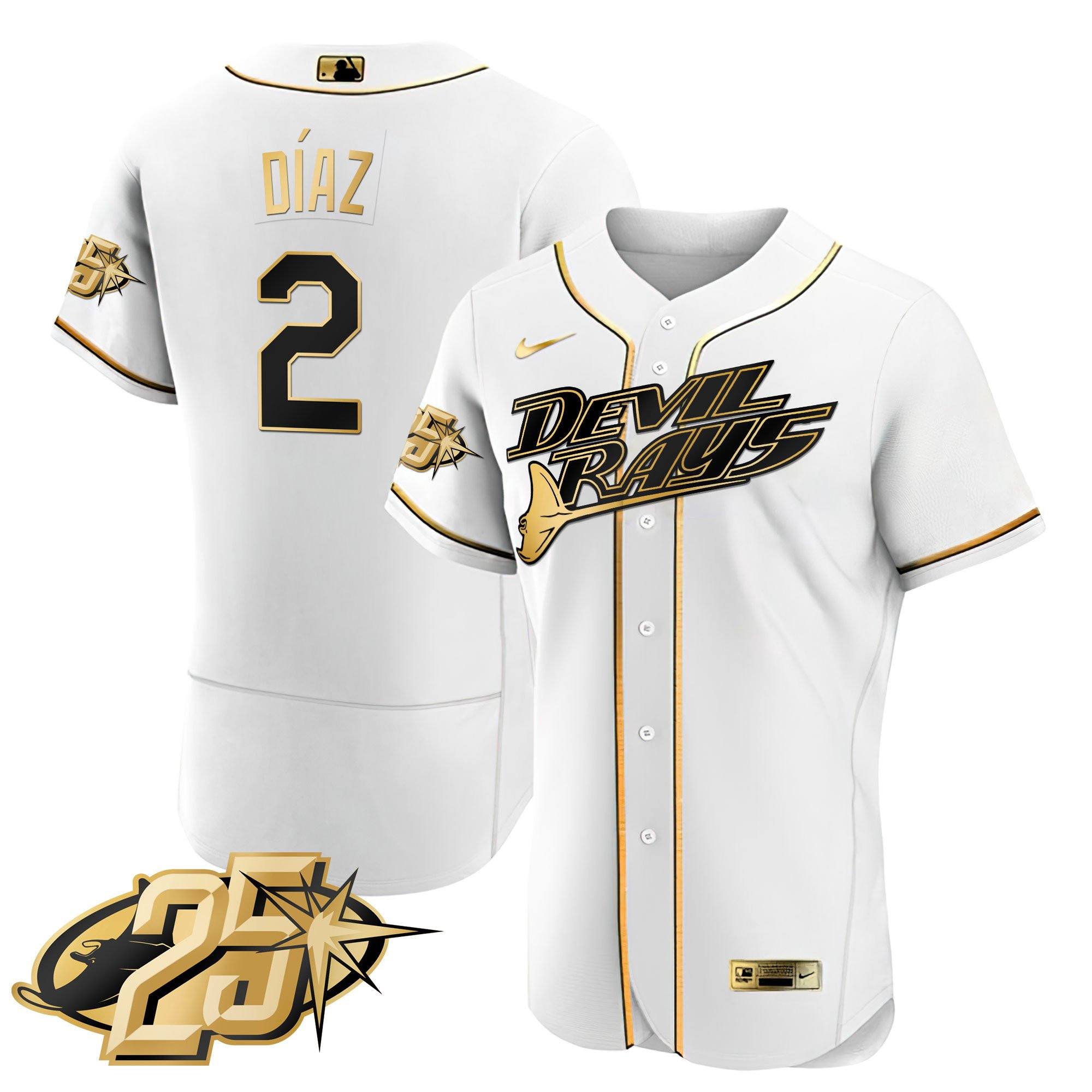 Yandy Diaz Men's Tampa Bay Rays 25th Anniversary Patch Flex Base White Gold Jersey - All Stitched