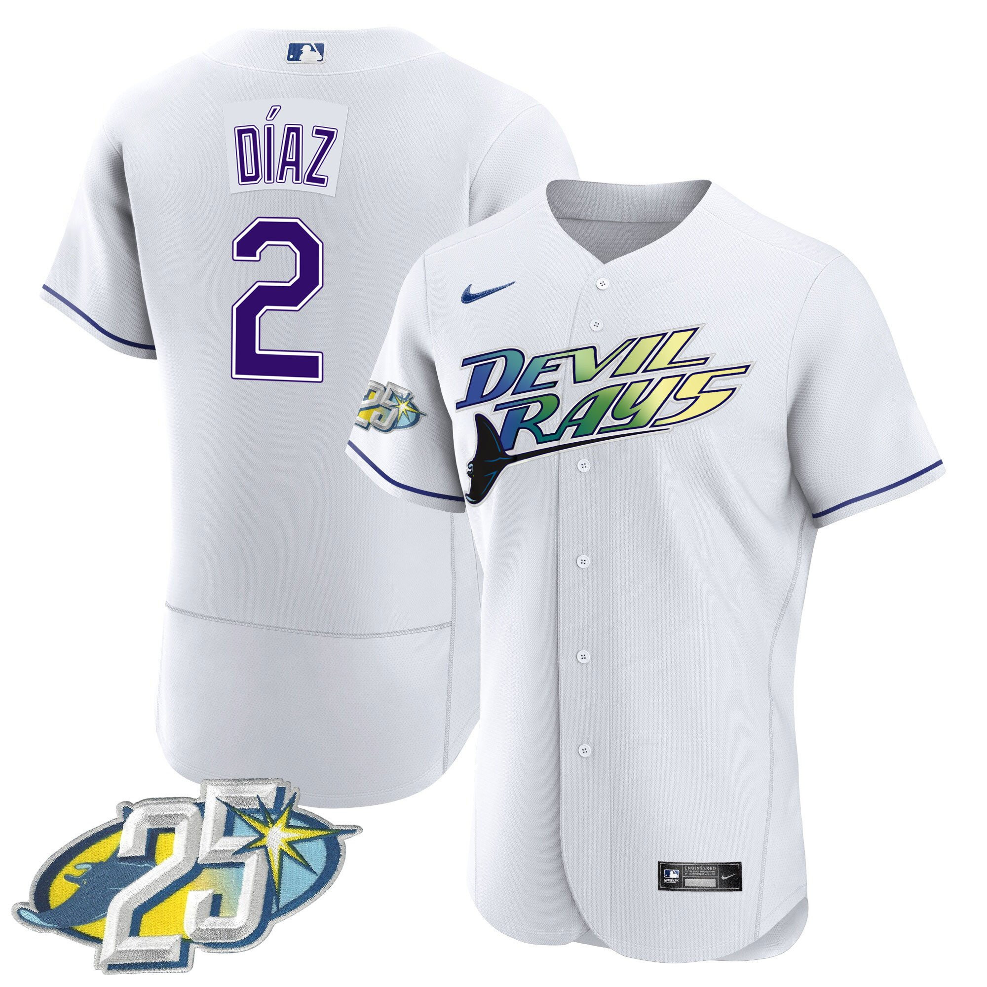 Yandy Diaz Men's Tampa Bay Rays 25th Anniversary Patch Flex Base White Jersey - All Stitched