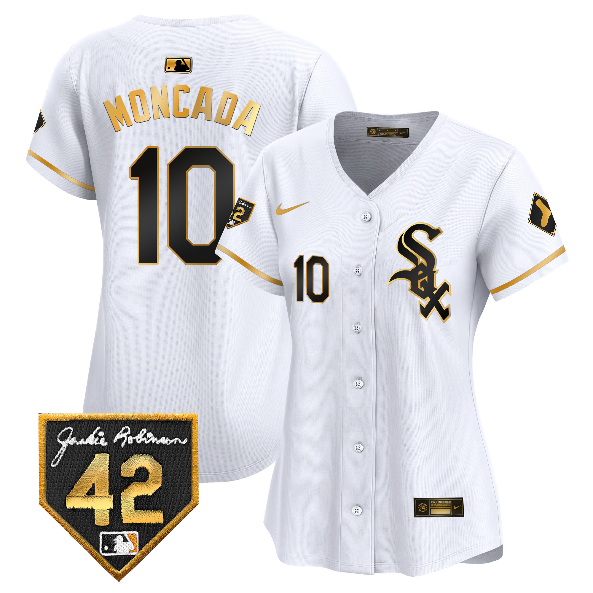 Yoan Moncada Women's Chicago White Sox 2024 Jackie Robinson Patch Vapor Premier Limited White Gold Jersey - All Stitched