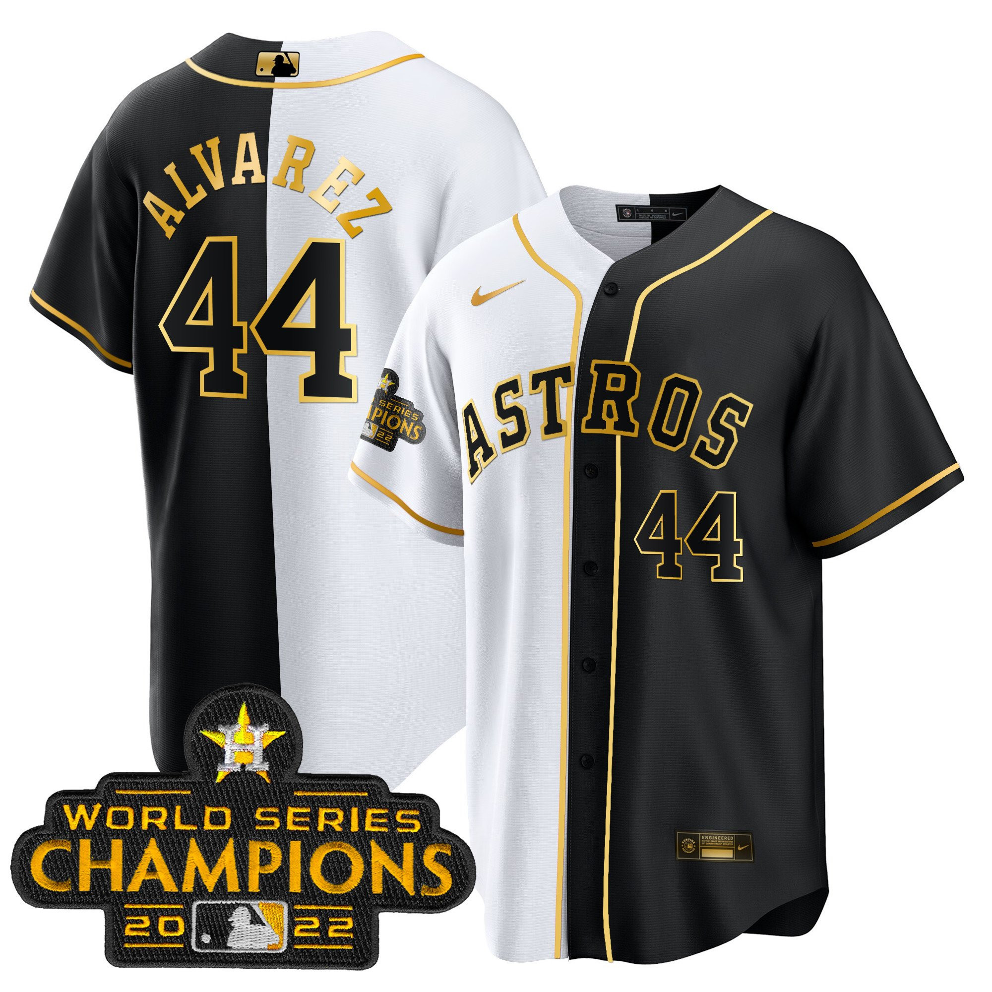 Yordan Álvarez Men's Houston Astros 2023 Champions Gold Split Cool B&W Jersey - All Stitched