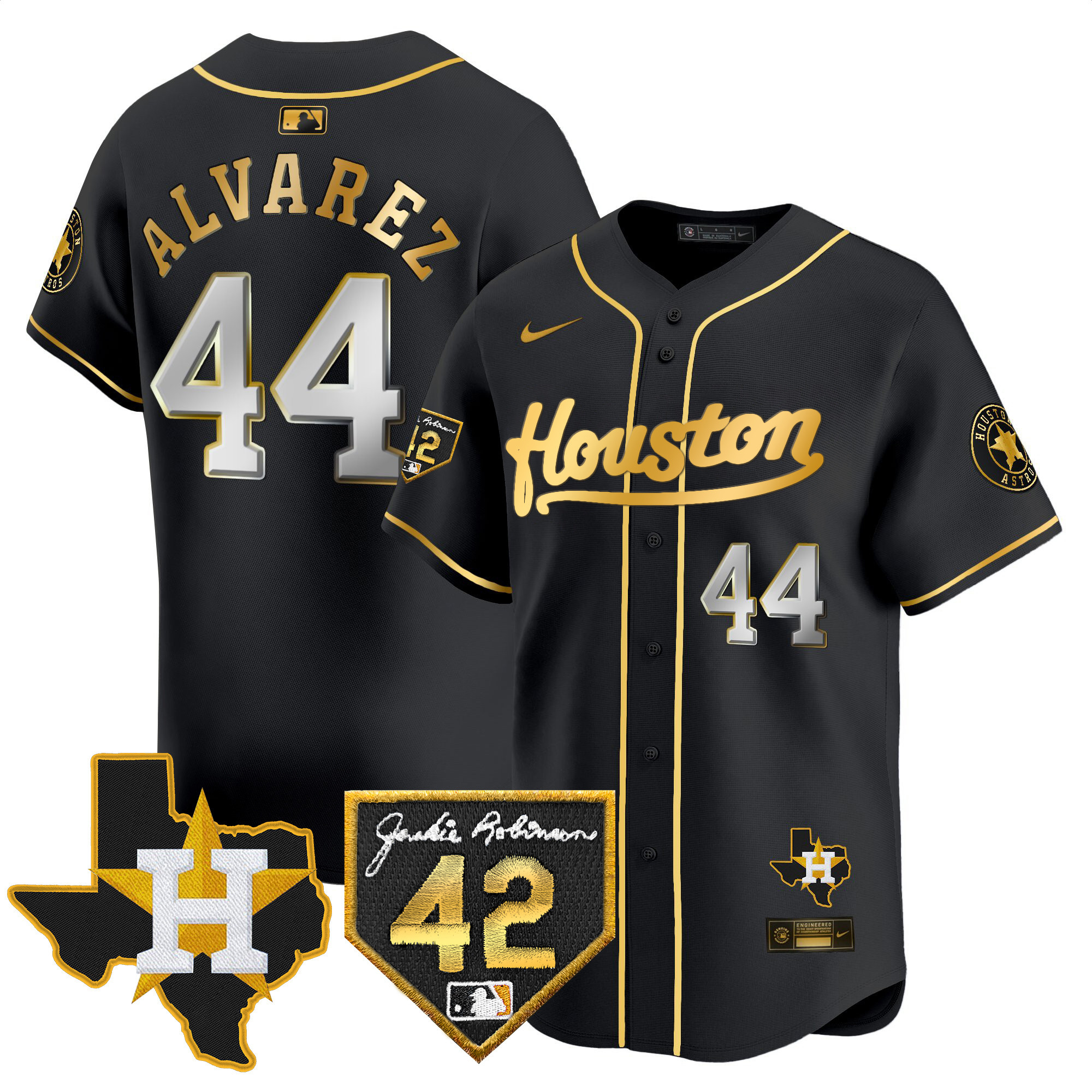 Yordan Álvarez Men's Houston Astros 2024 Jackie Robinson Patch Vapor Premier Limited Black Gold Jersey - All Stitched