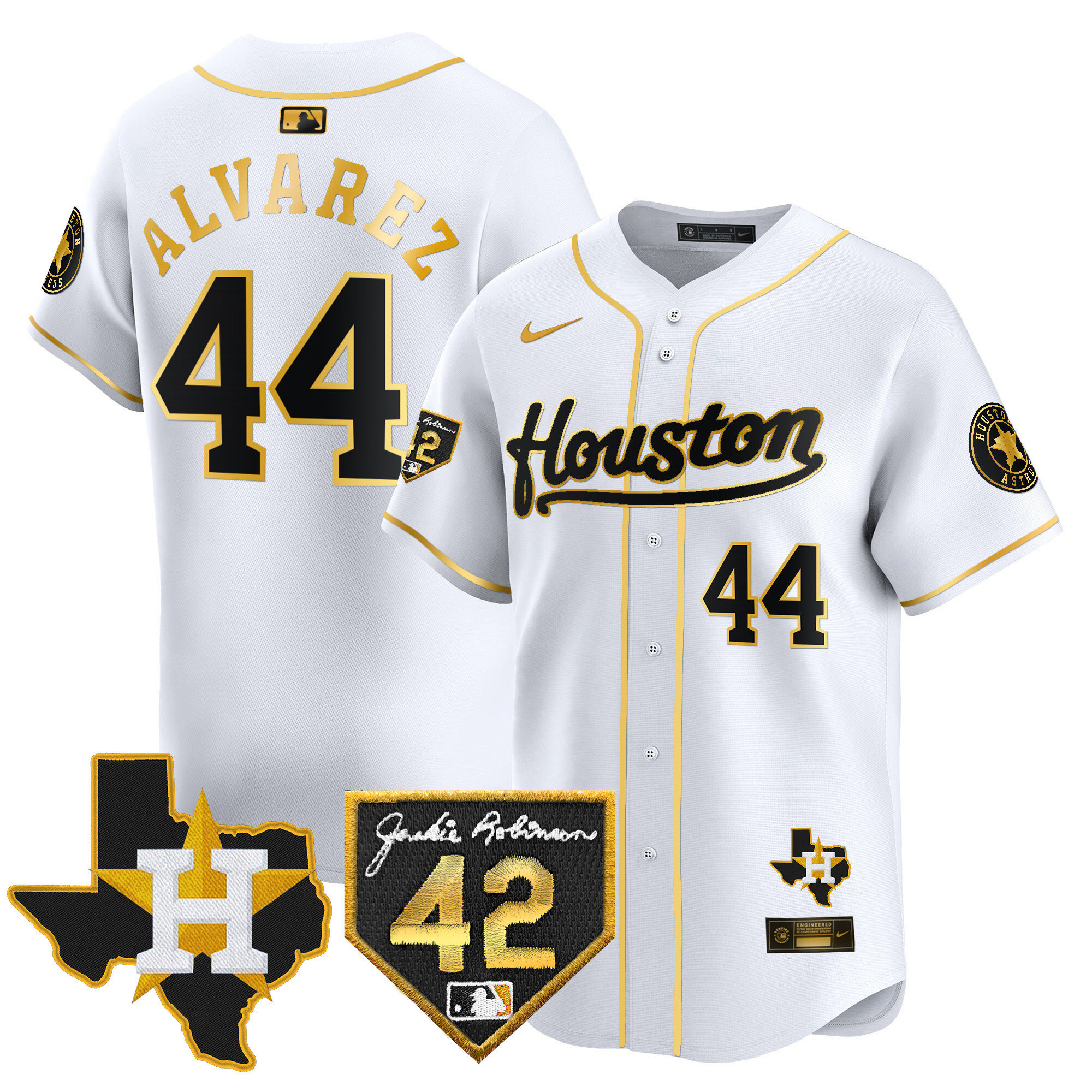 Yordan Álvarez Men's Houston Astros 2024 Jackie Robinson Patch Vapor Premier Limited White Gold Jersey - All Stitched