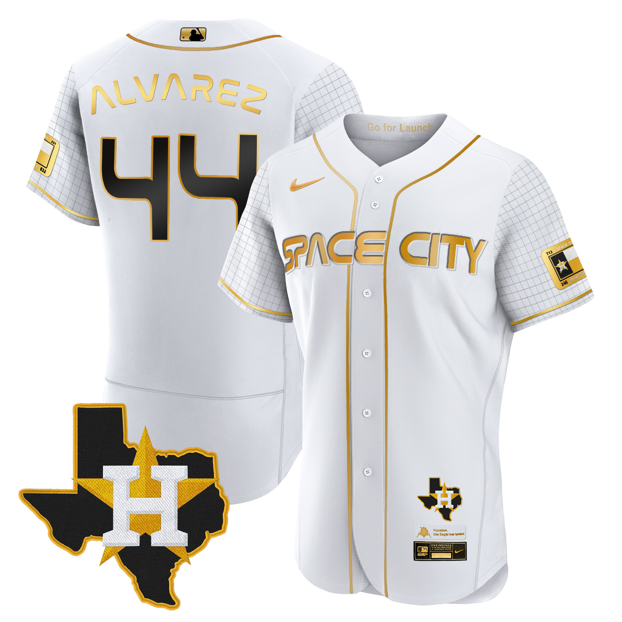 Yordan Álvarez Men's Houston Astros 2024 Space City Flex Base - Texas Patch White Gold Jersey - All Stitched