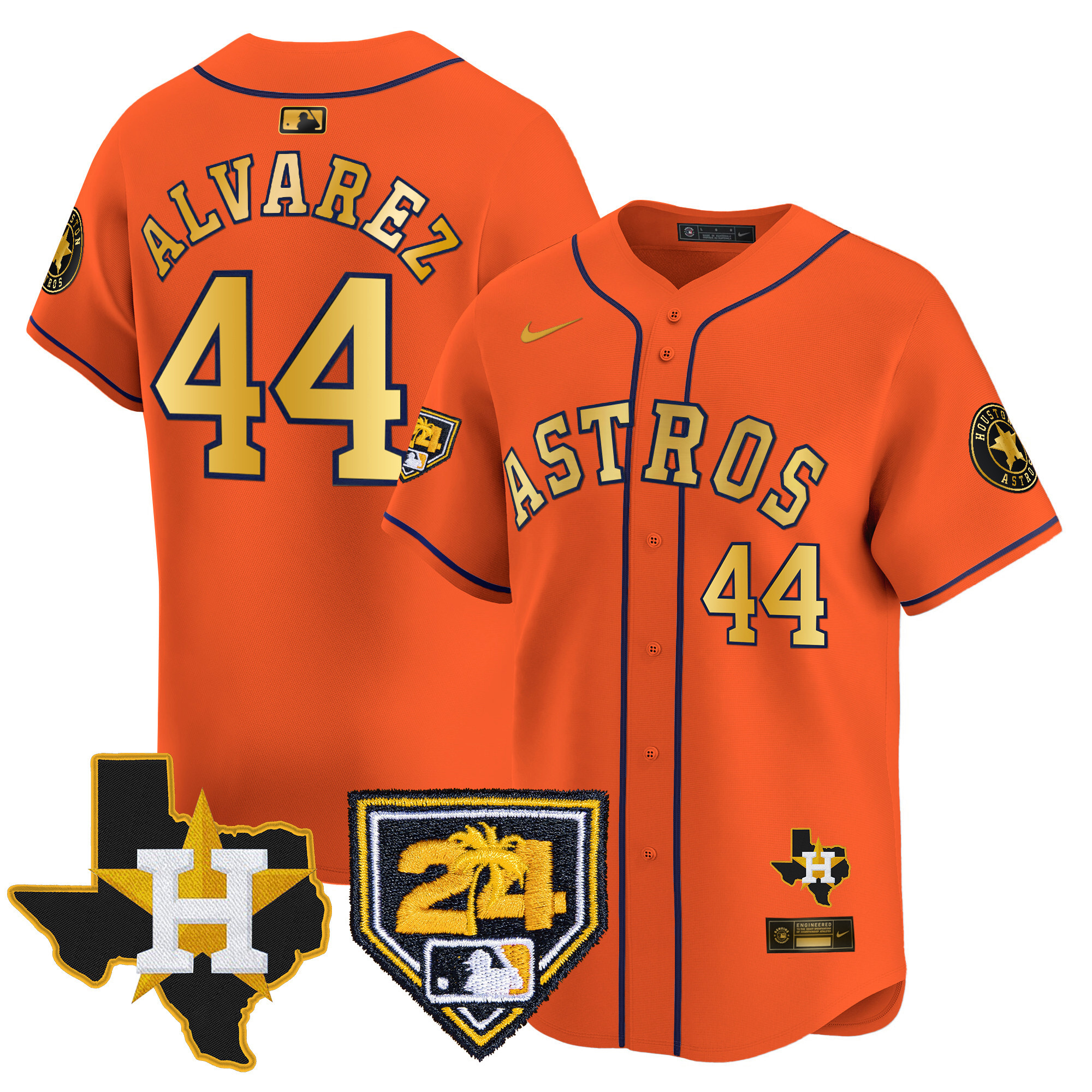Yordan Álvarez Men's Houston Astros 2024 Spring Training & Texas Patch Vapor Premier Limited Orange Gold Jersey - All Stitched