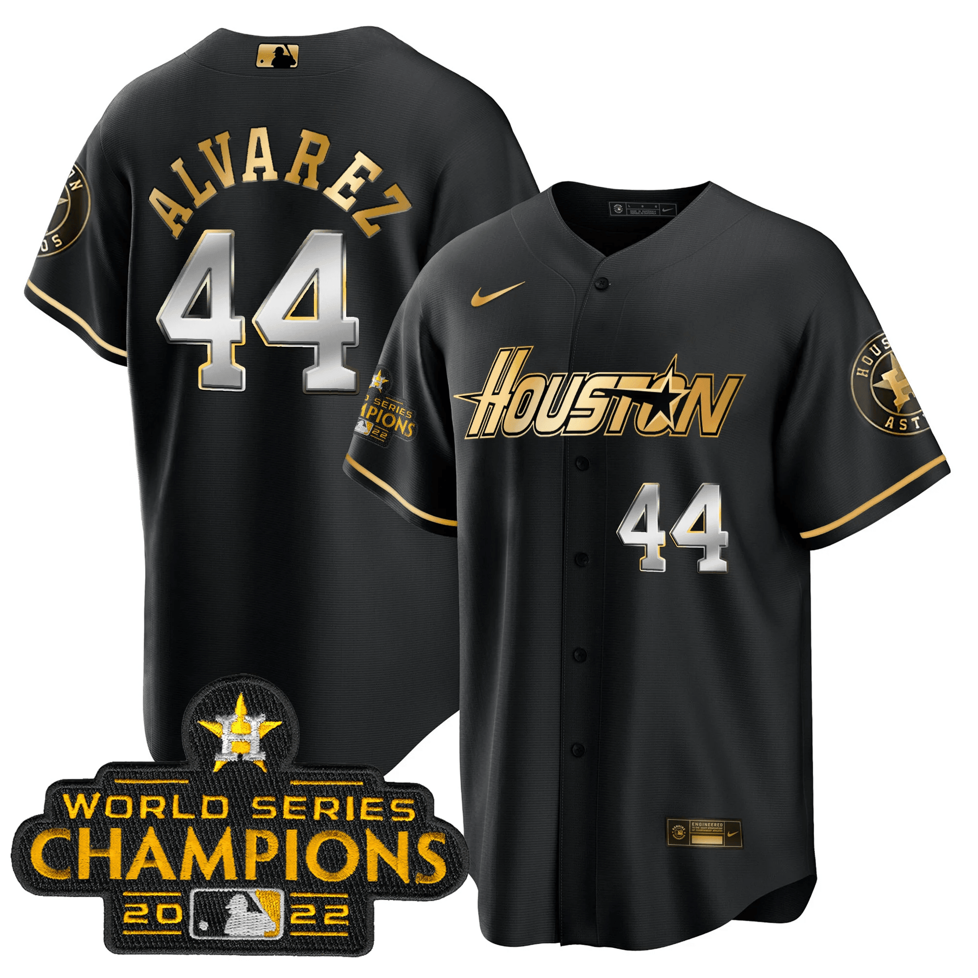 Yordan Álvarez Men's Houston Astros Gray & Gold 2023 Champions Patch Cool Black Jersey - All Stitched