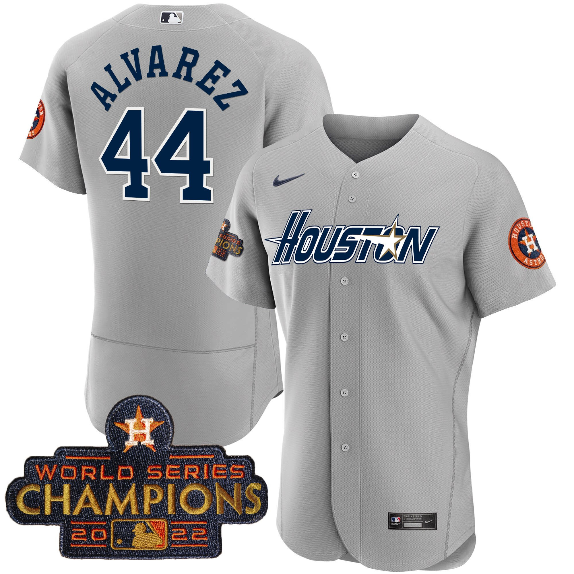 Yordan Álvarez Men's Houston Astros Gray & Gold 2023 Champions Patch Flex Gray Jersey - All Stitched