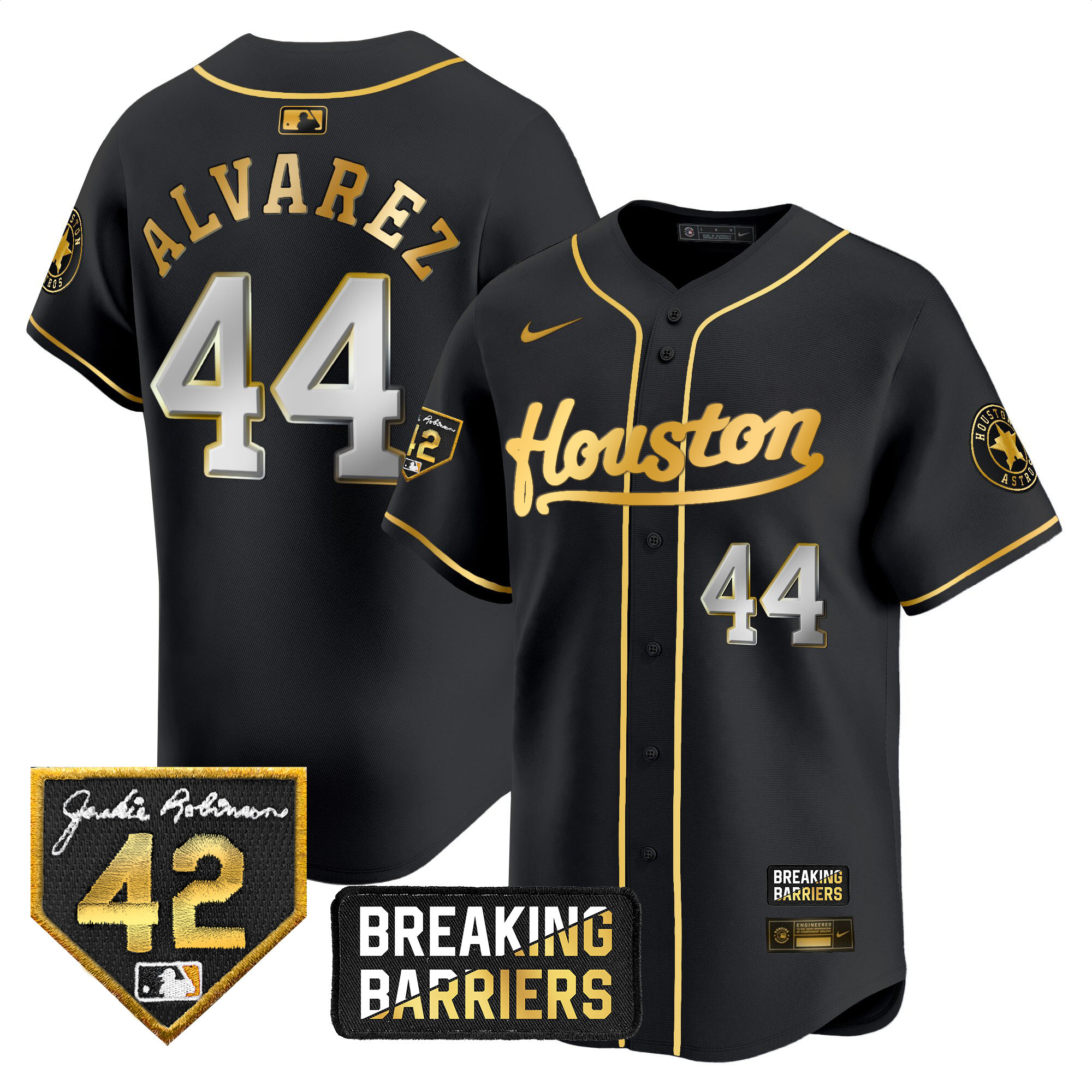 Yordan Álvarez Men's Houston Astros Jackie Robinson Breaking Barriers Patch Vapor Premier Limited Black Gold Jersey - All Stitched