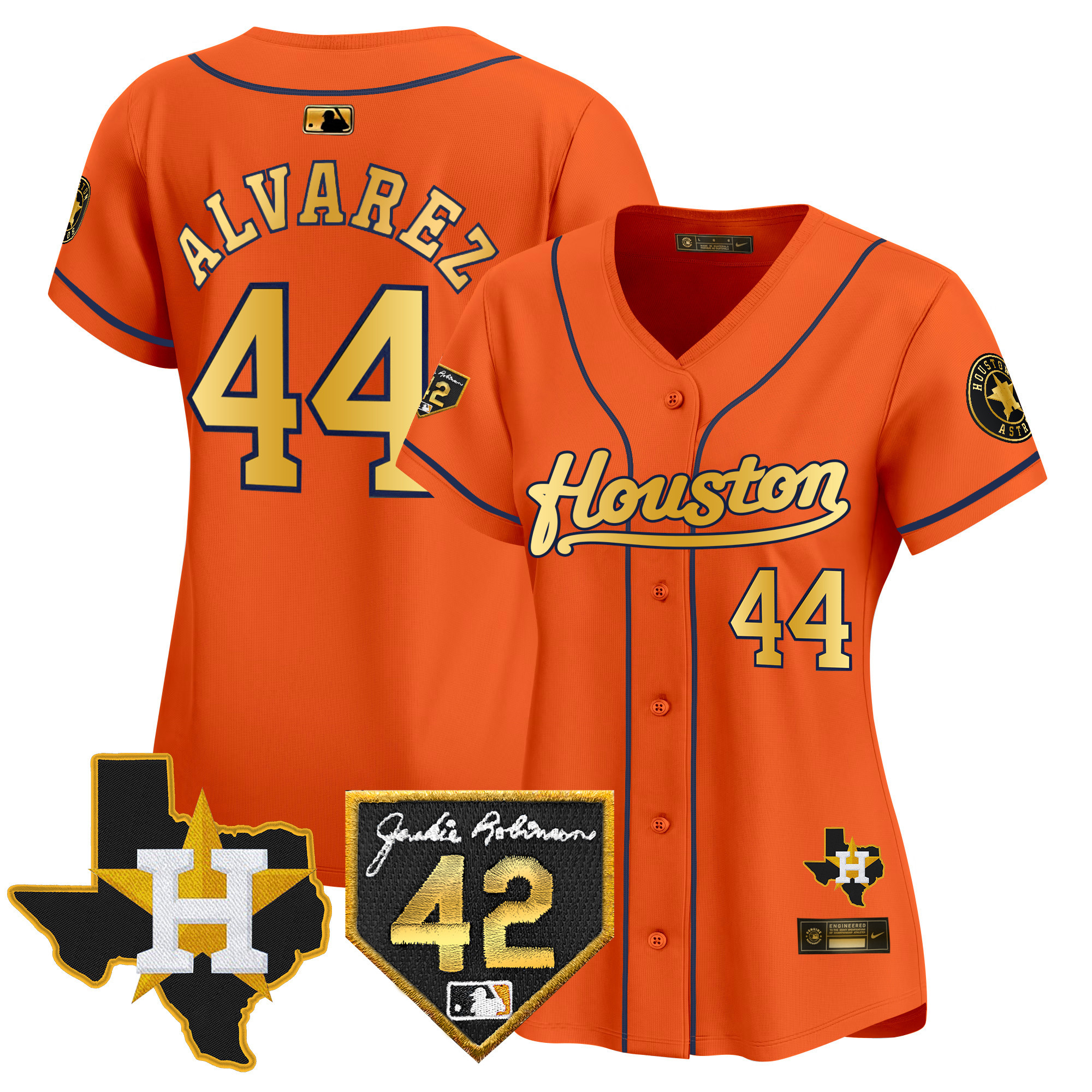 Yordan Álvarez Women's Houston Astros 2024 Jackie Robinson Patch Vapor Premier Limited Orange Gold Jersey - All Stitched