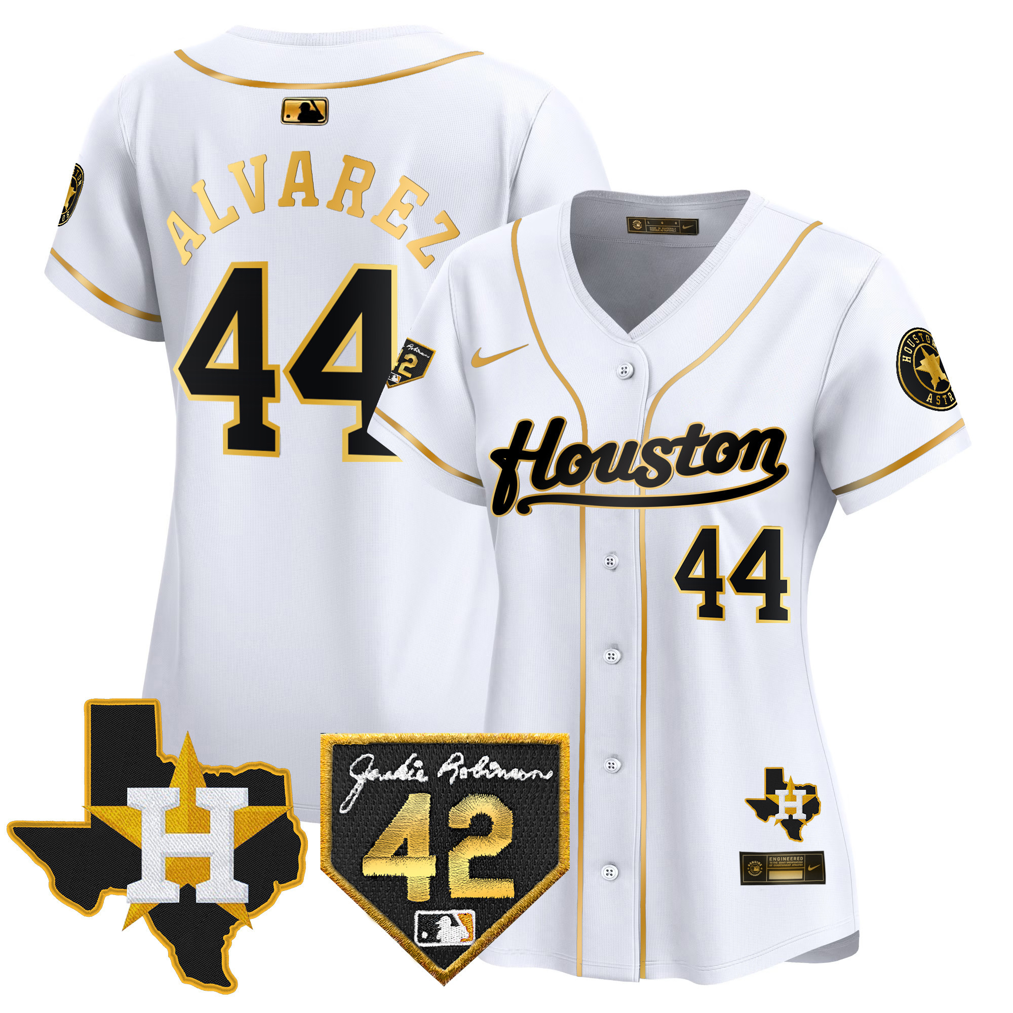 Yordan Álvarez Women's Houston Astros 2024 Jackie Robinson Patch Vapor Premier Limited White Gold Jersey - All Stitched
