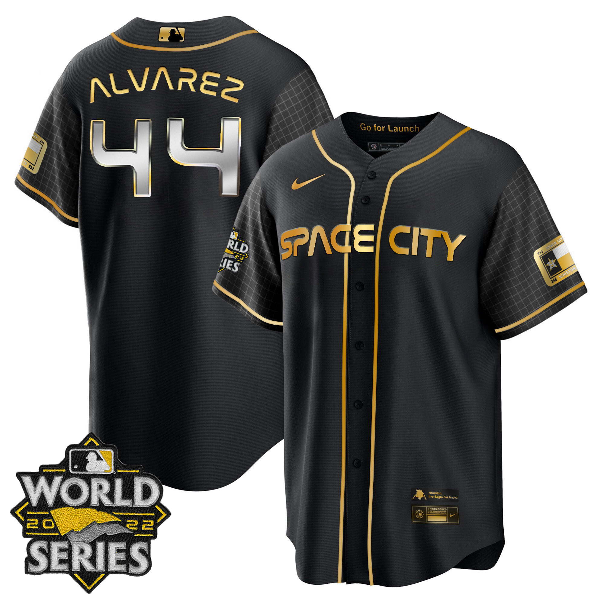 Yordan Álvarez Youth's Houston Astros Space City Gold 2022 World Series Cool Black Jersey - All Stitched