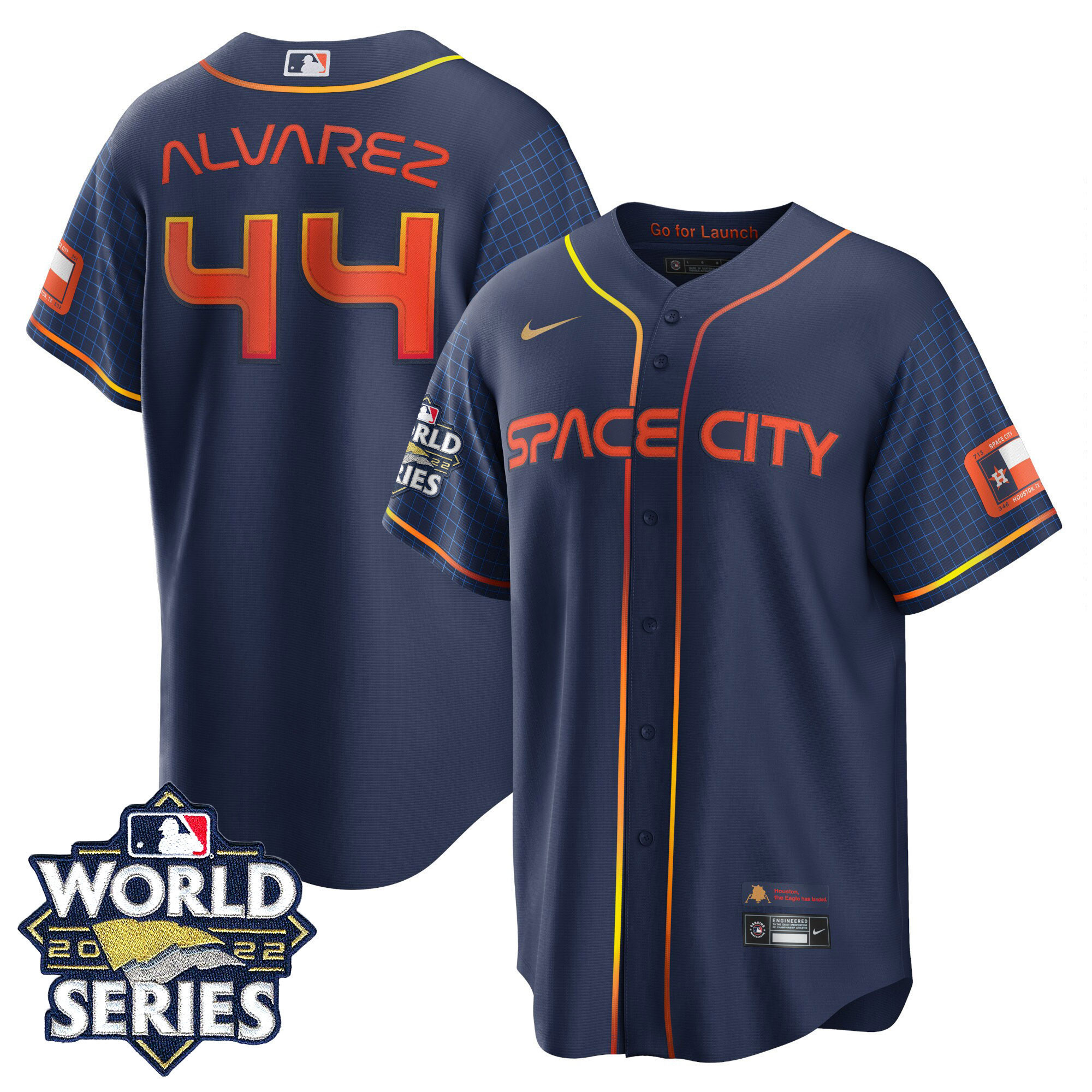 Yordan Álvarez Youth's Houston Astros Space City Gold 2022 World Series Cool Navy Jersey - All Stitched