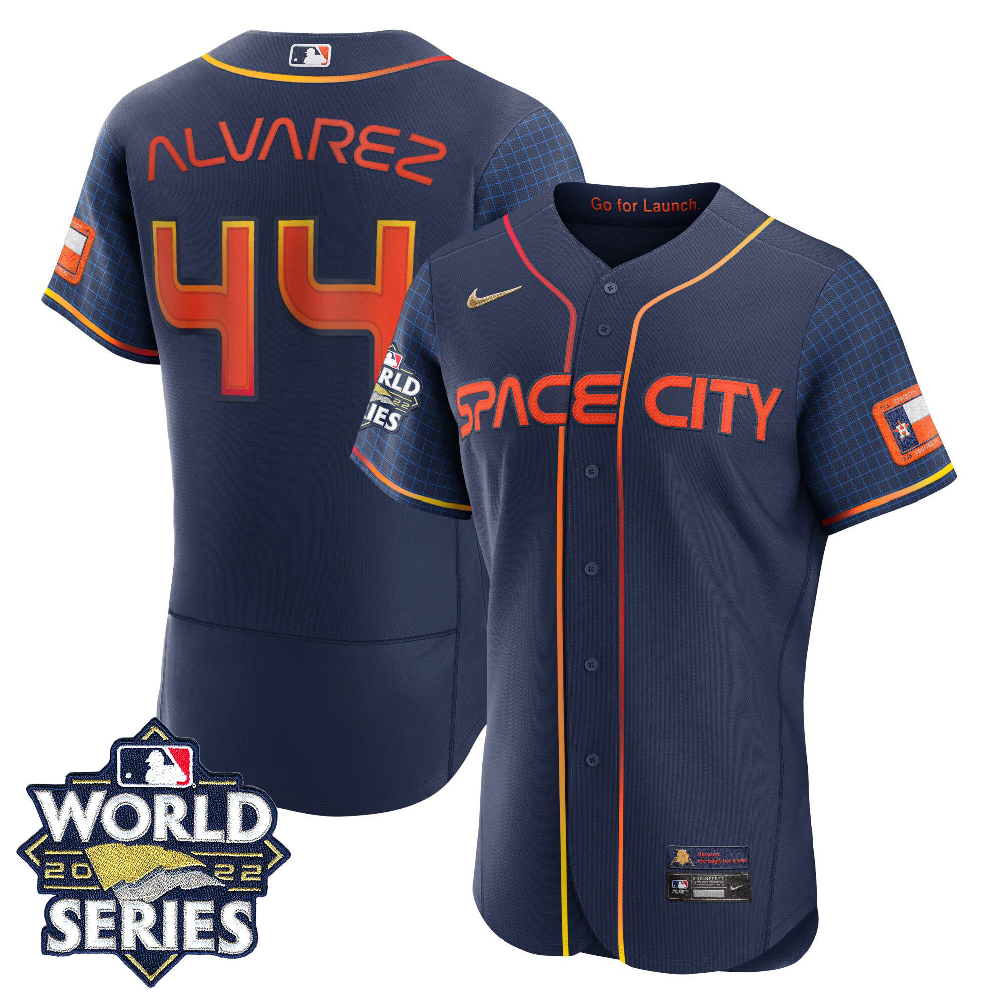Yordan Álvarez Youth's Houston Astros Space City Gold 2022 World Series Flex Navy Jersey - All Stitched
