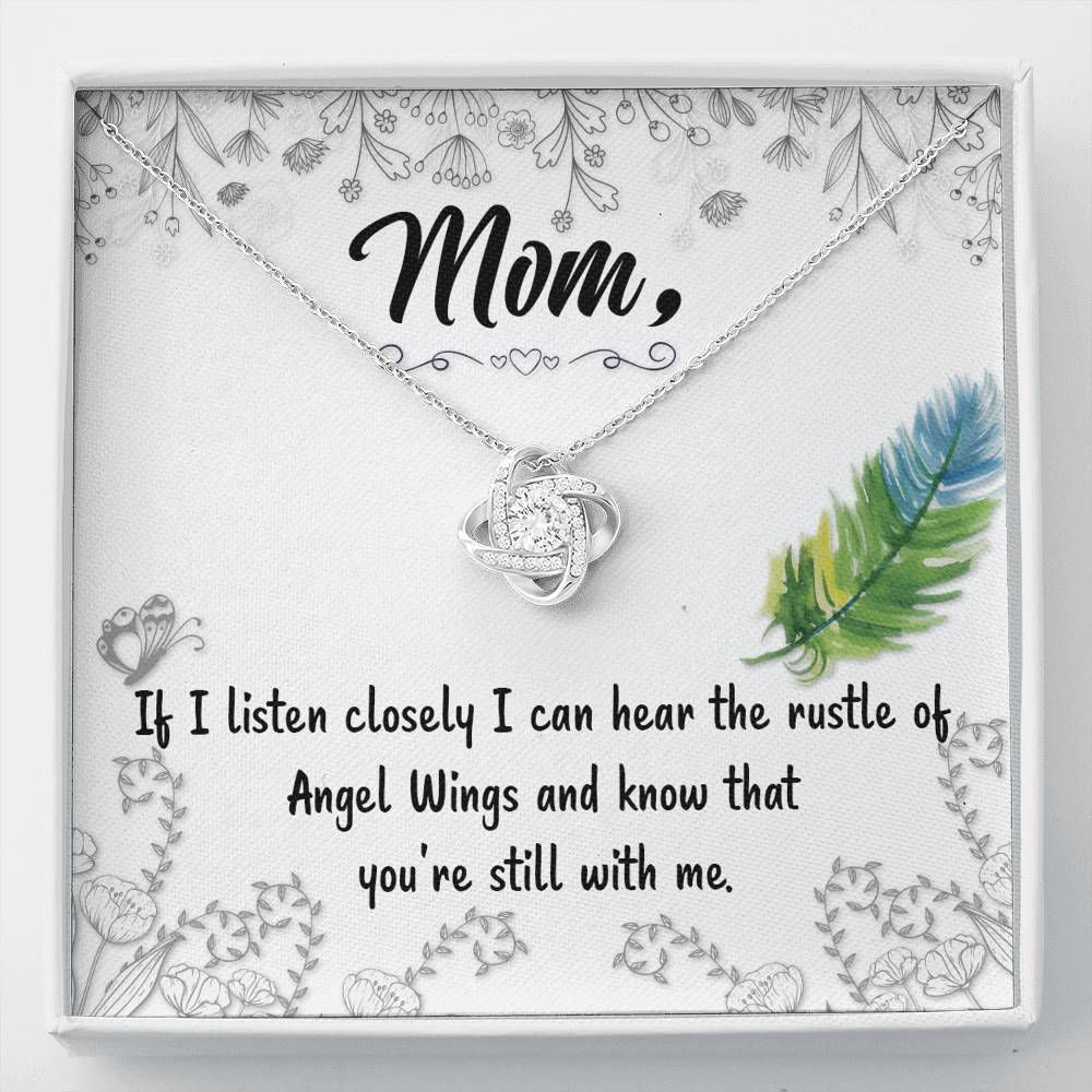 You’re Still With Me Feather Gift For Mom 14K White Gold Love Knot Necklace