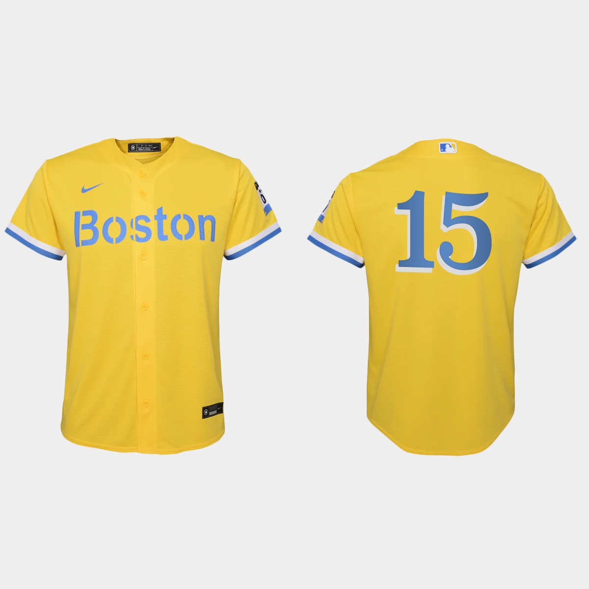 Youth Boston Red Sox #15 Dustin Pedroia Gold Light Blue 2021 City Connect Jersey