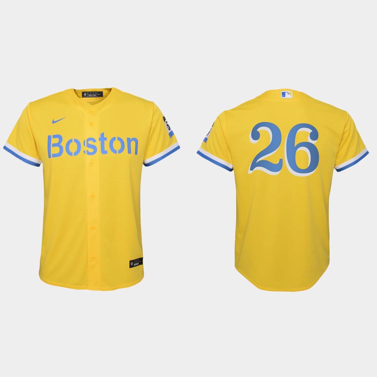 Youth Boston Red Sox #26 Wade Boggs Gold Light Blue 2021 City Connect Jersey