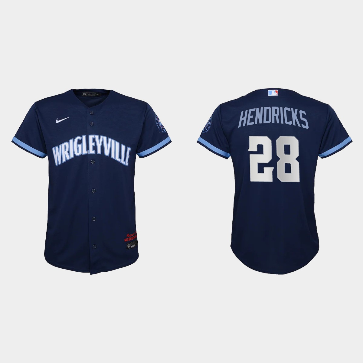 Youth Chicago Cubs #28 Kyle Hendricks Navy 2021 City Connect Jersey