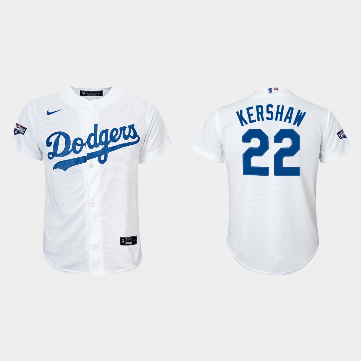 Youth Los Angeles Dodgers #22 Clayton Kershaw White 2020 World Series Champions Home Player Jersey