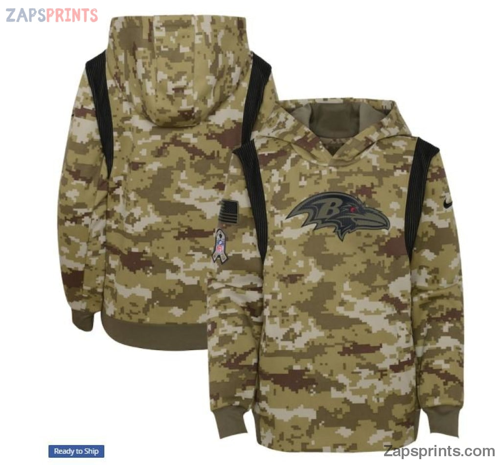 Youth Olive Baltimore Ravens 2021 Salute To Service Therma Performance Pullover Hoodie