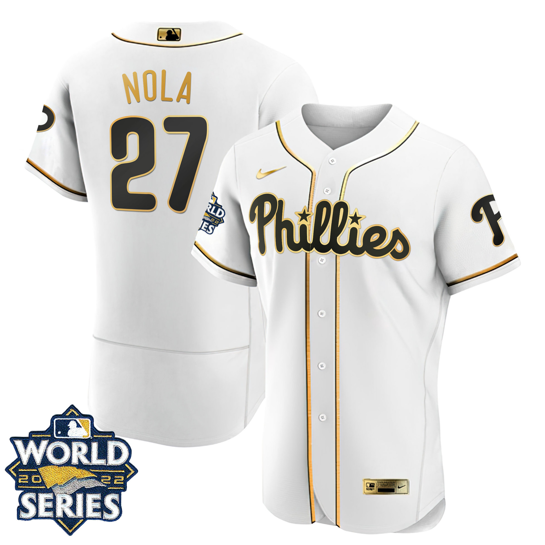 Youth's Aaron Nola Philadelphia Phillies Gold 2022 World Series Flex White Jersey - All Stitched