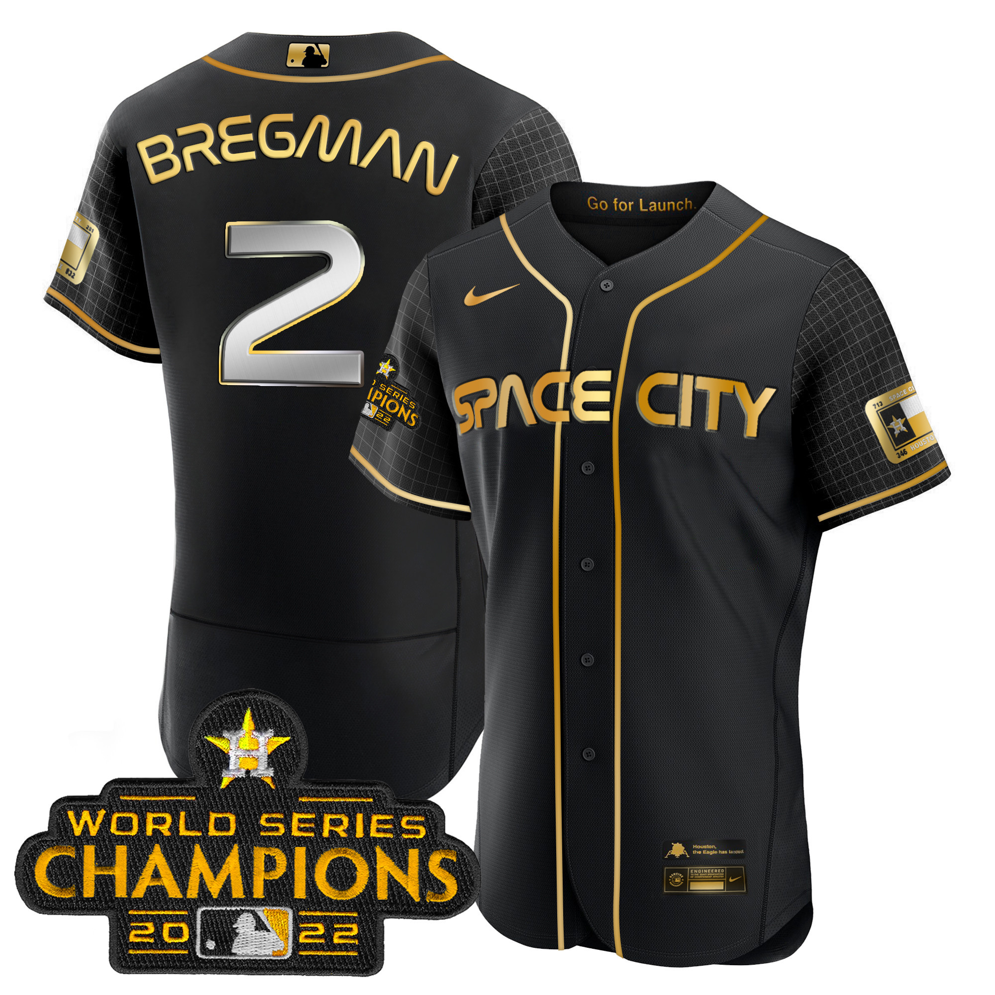 Youth's Alex Bregman Houston Astros 2023 Space City Champions Flex Black Gold Jersey ñ All Stitched