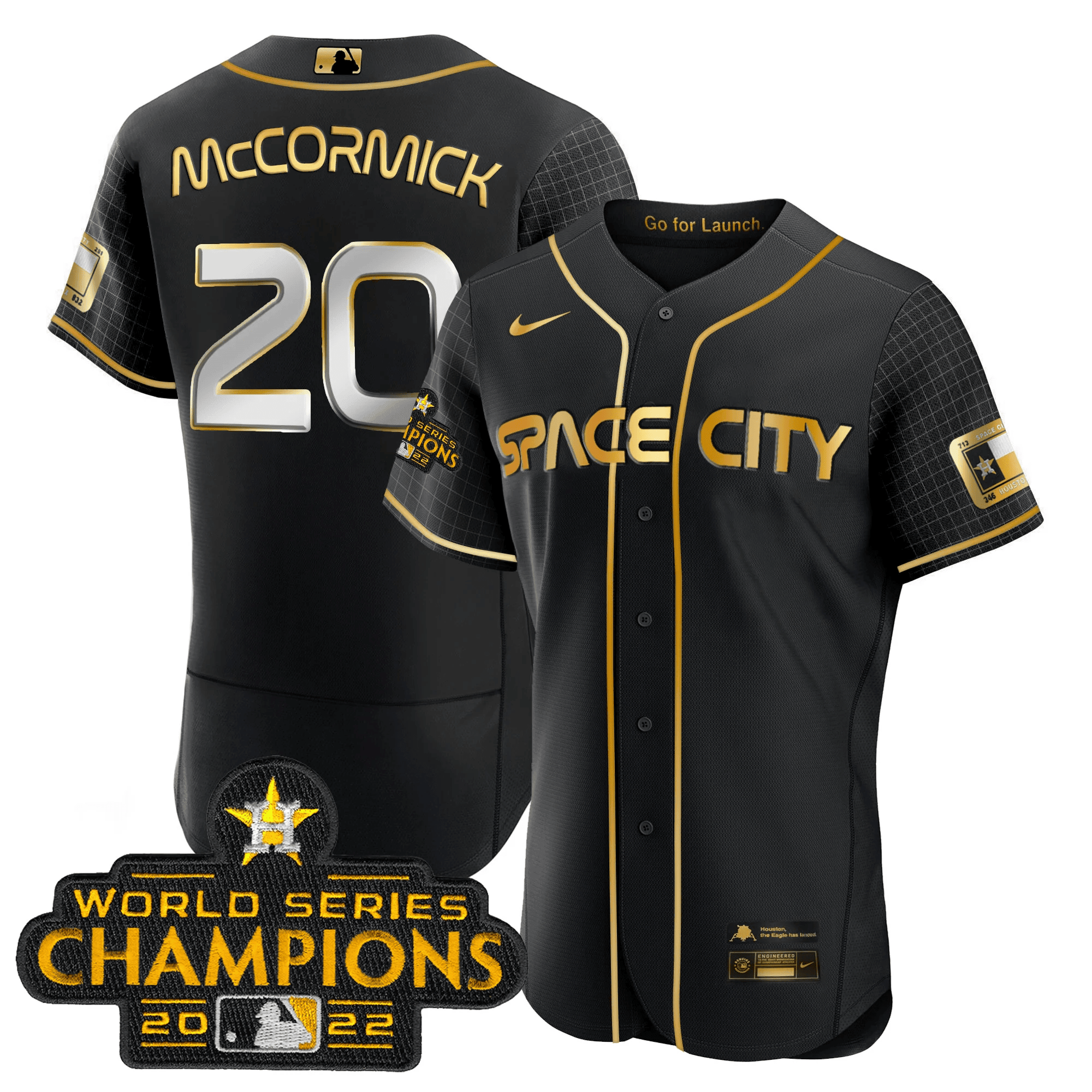 Youth's Chas McCormick Houston Astros 2023 Space City Champions Flex Black Gold Jersey ñ All Stitched